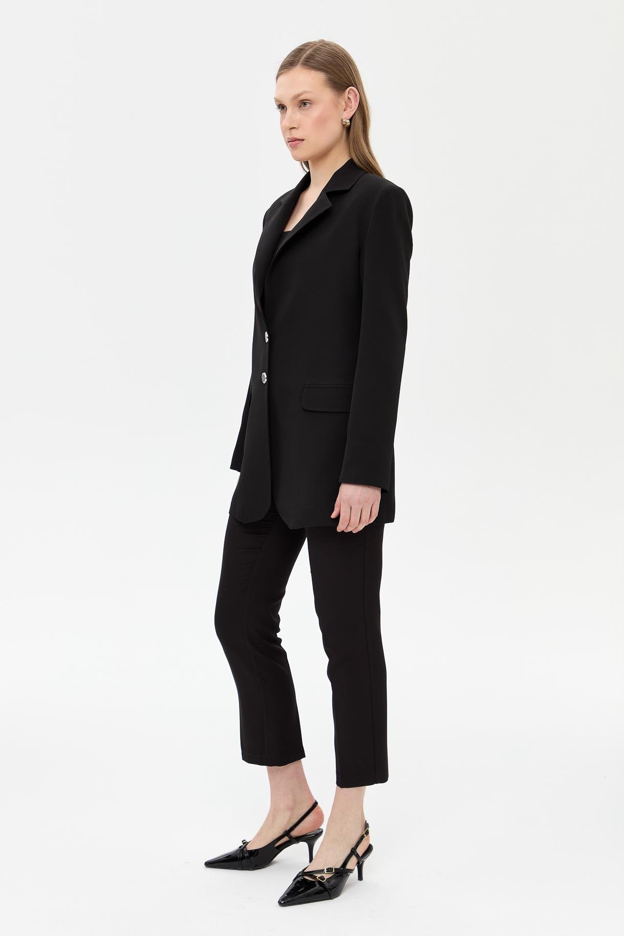 Çift Düğmeli Cep Detaylı Krep Ceket - SİYAH