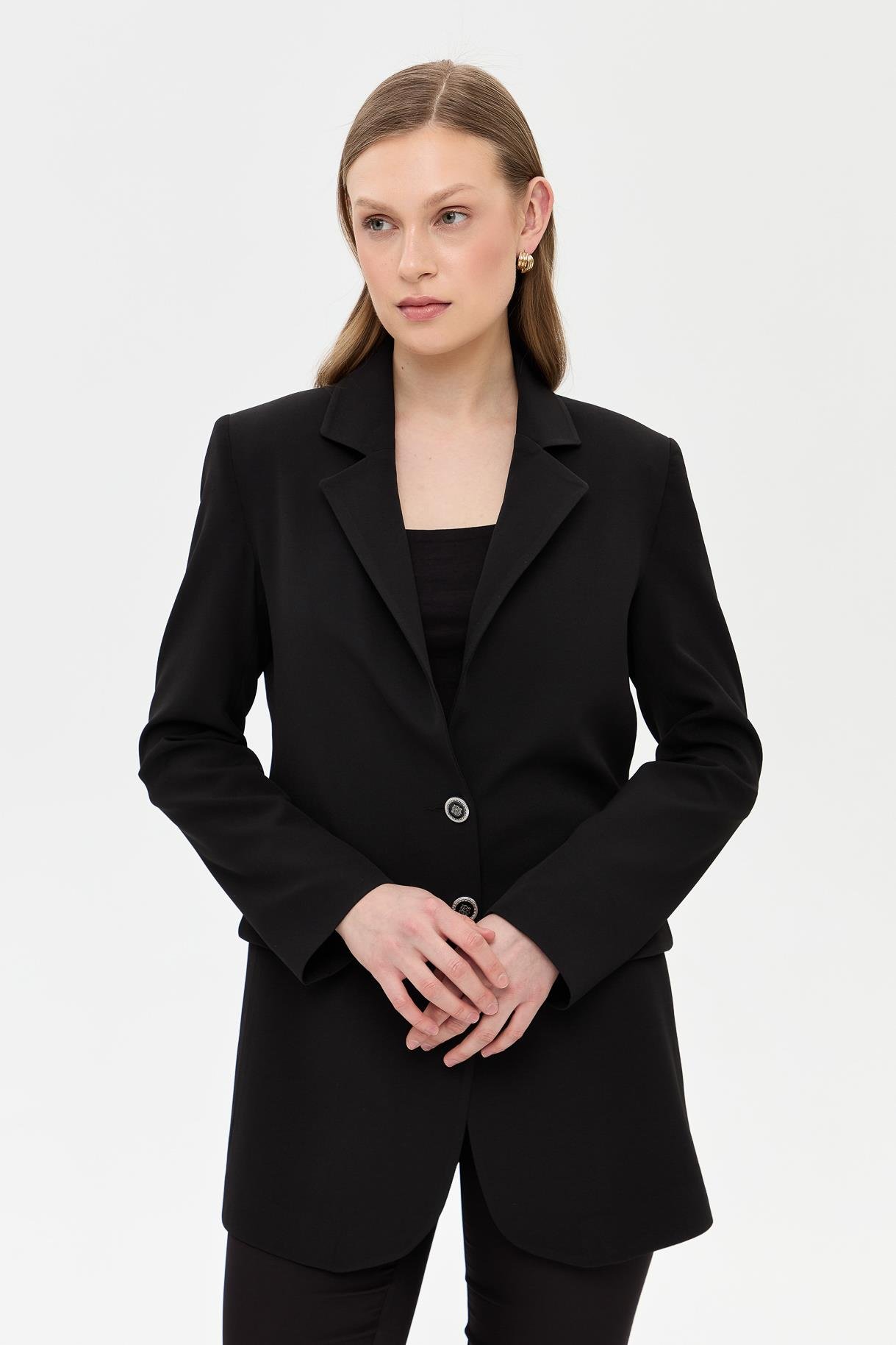 Çift Düğmeli Cep Detaylı Krep Ceket - SİYAH