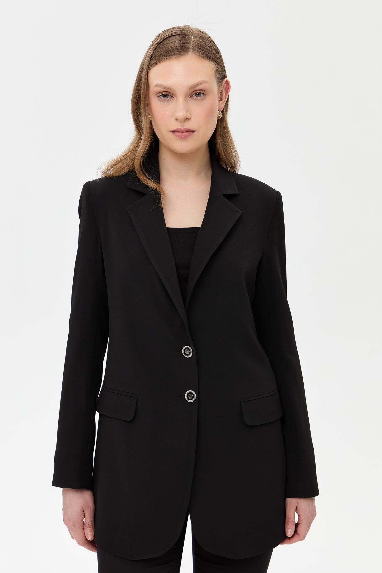 Çift Düğmeli Cep Detaylı Krep Ceket - SİYAH