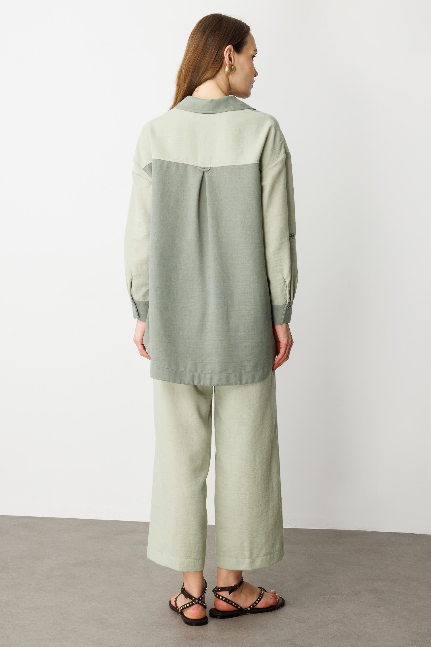 Çift Renk Keten Görünümlü Tunik Gömlek-MINT