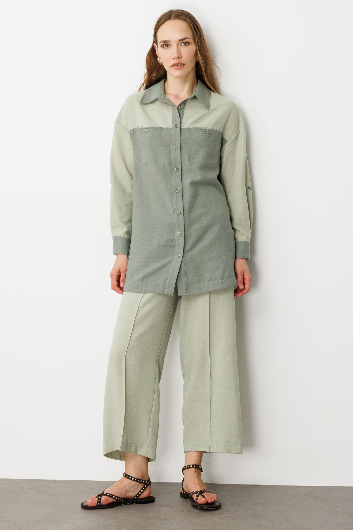 Çift Renk Keten Görünümlü Tunik Gömlek-MINT