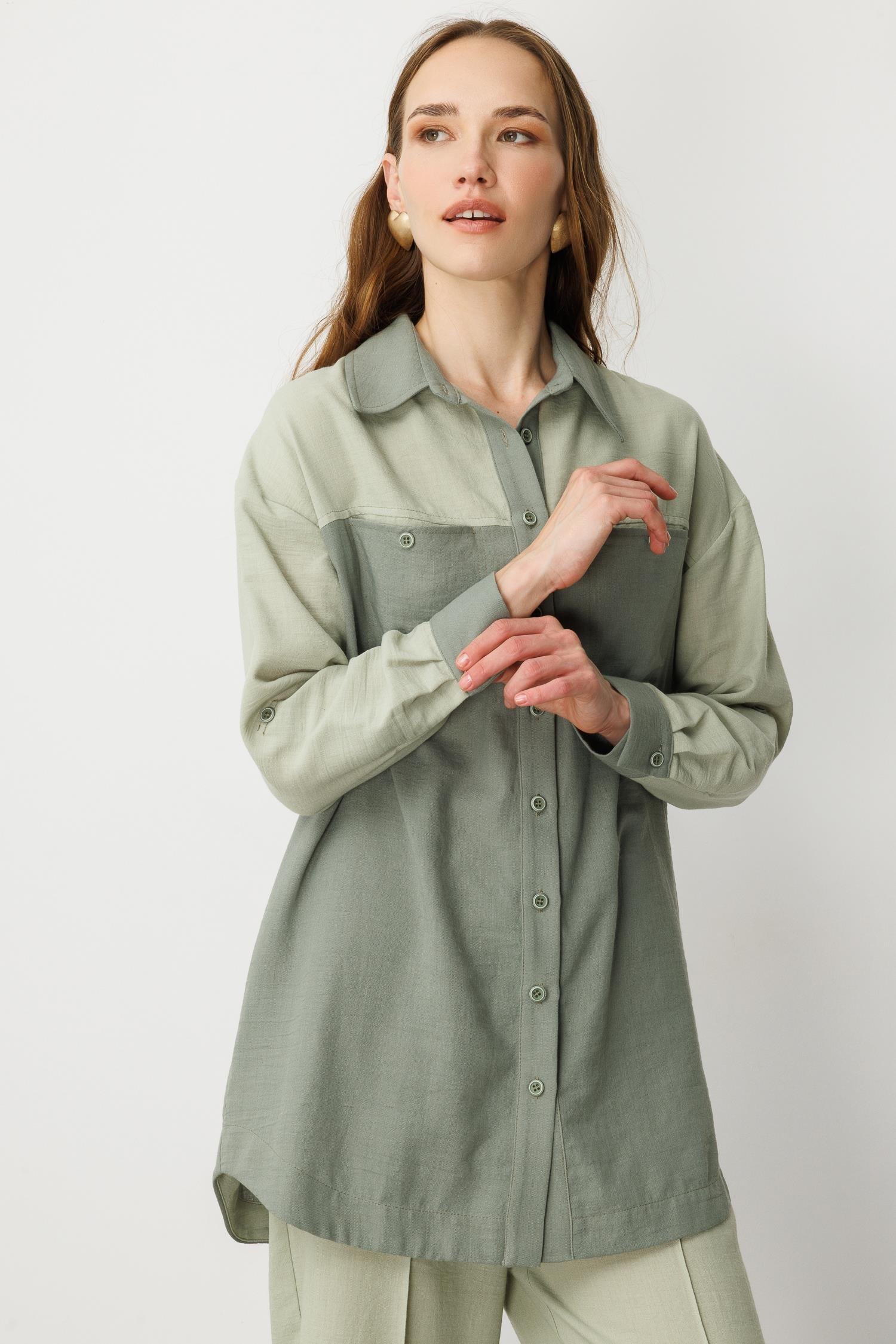 Çift Renk Keten Görünümlü Tunik Gömlek-MINT