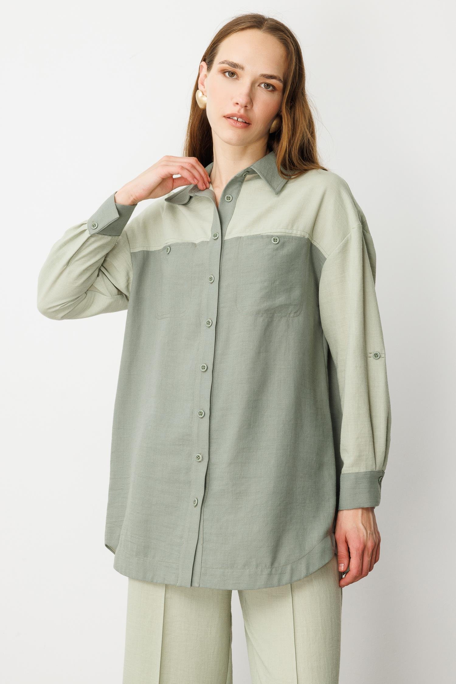 Çift Renk Keten Görünümlü Tunik Gömlek-MINT