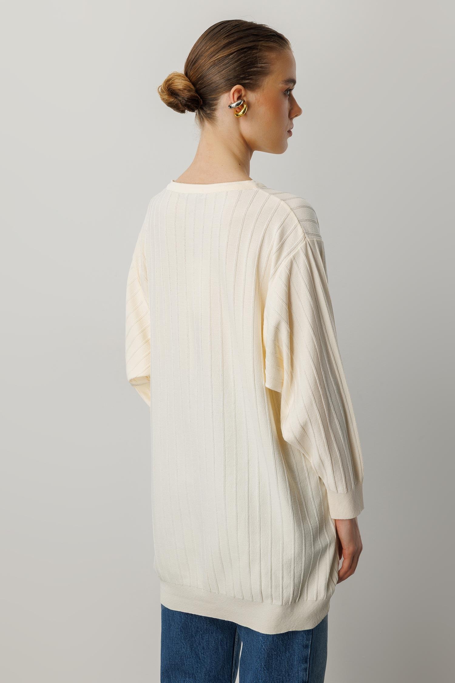 Çizgi Desen Pamuklu Triko Tunik-KREM