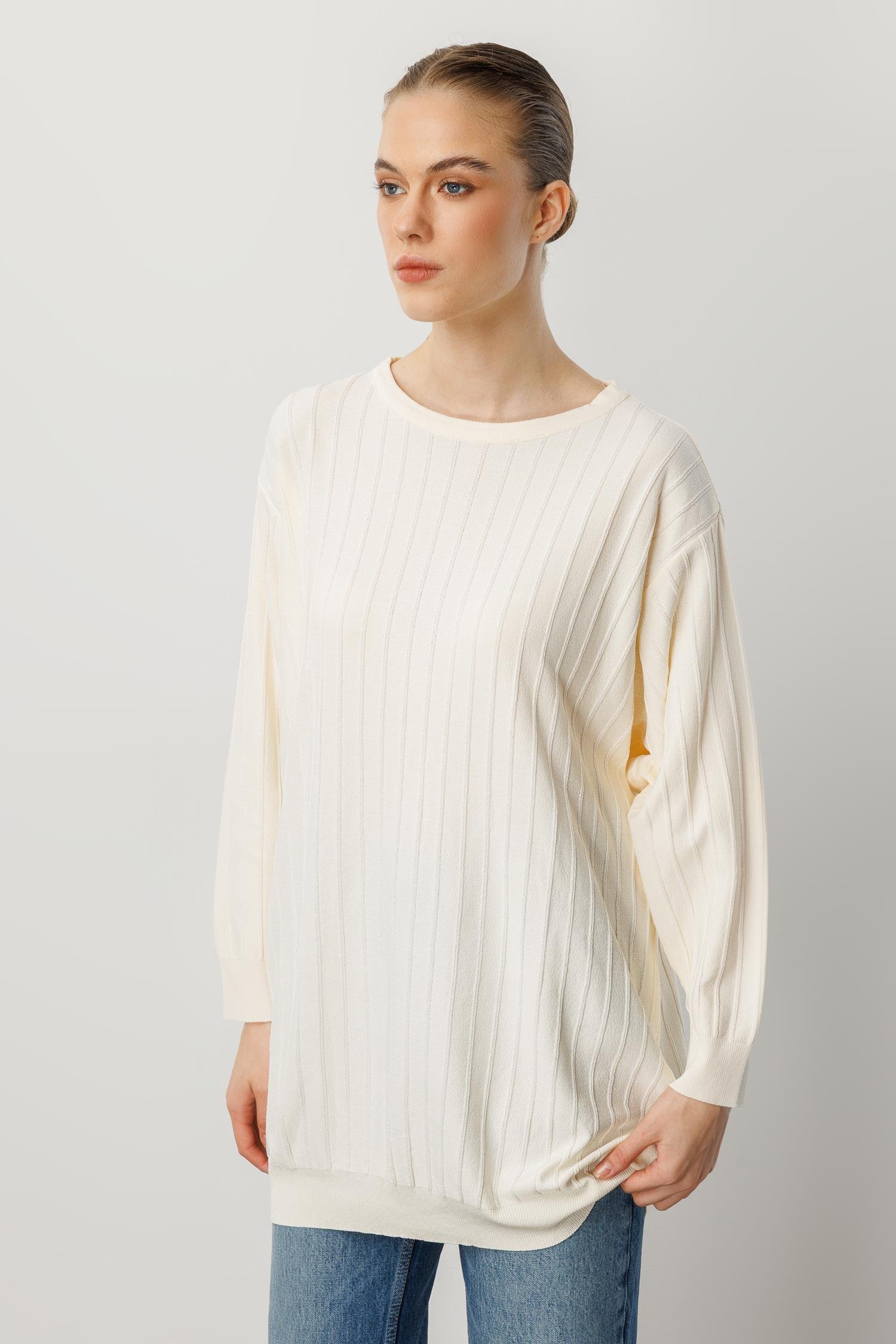 Çizgi Desen Pamuklu Triko Tunik-KREM