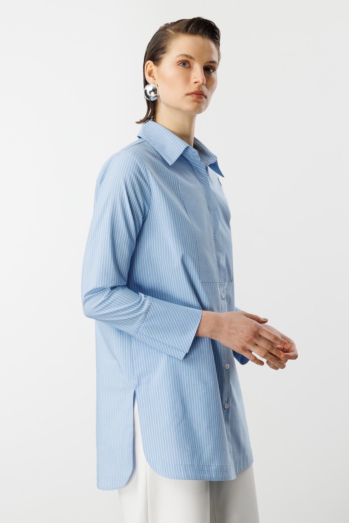 Çizgi Desen Pamuklu Uzun Gömlek-MAVİ