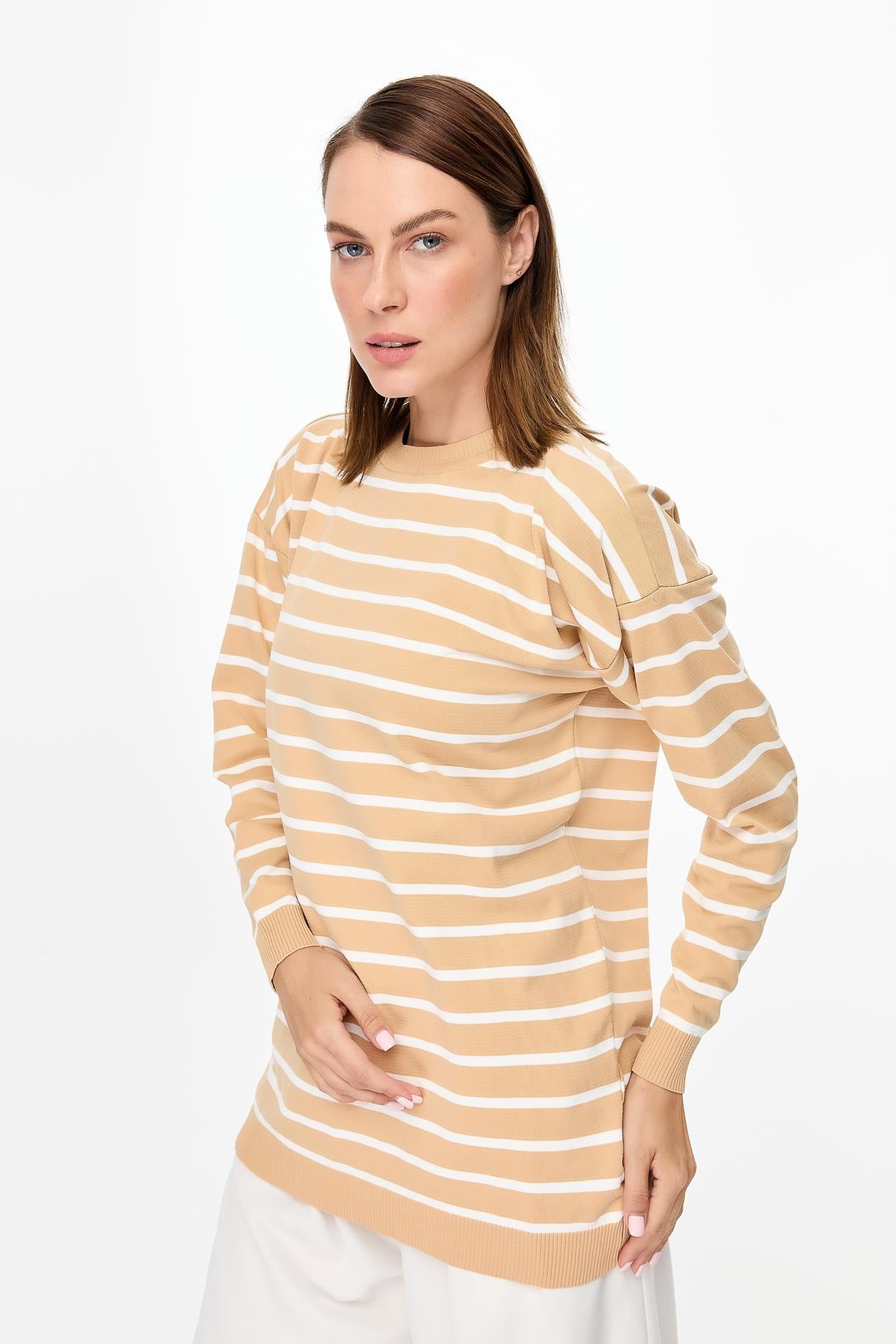 Çizgili Basic Triko Tunik - BİSKÜVİ