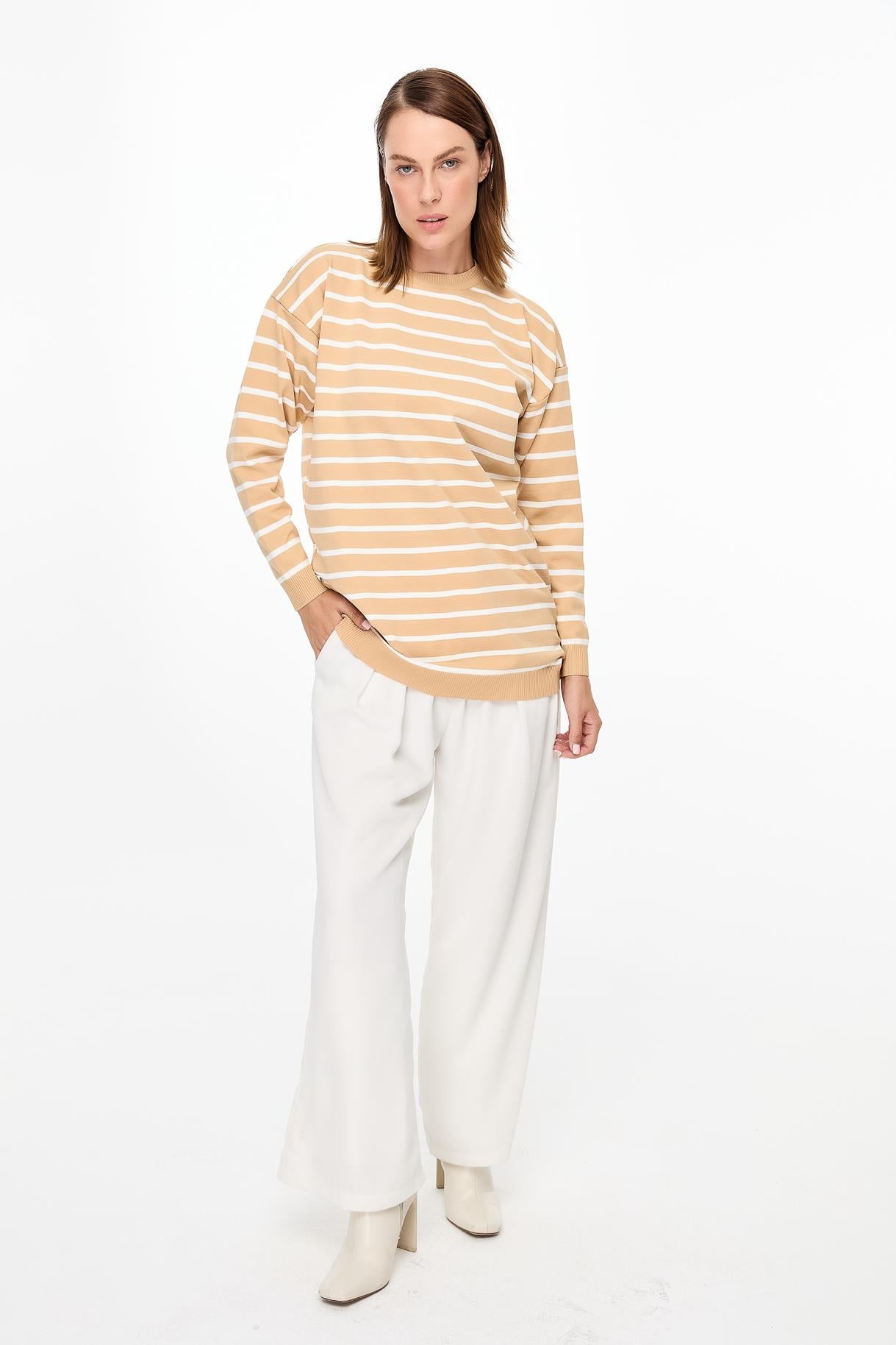 Çizgili Basic Triko Tunik - BİSKÜVİ