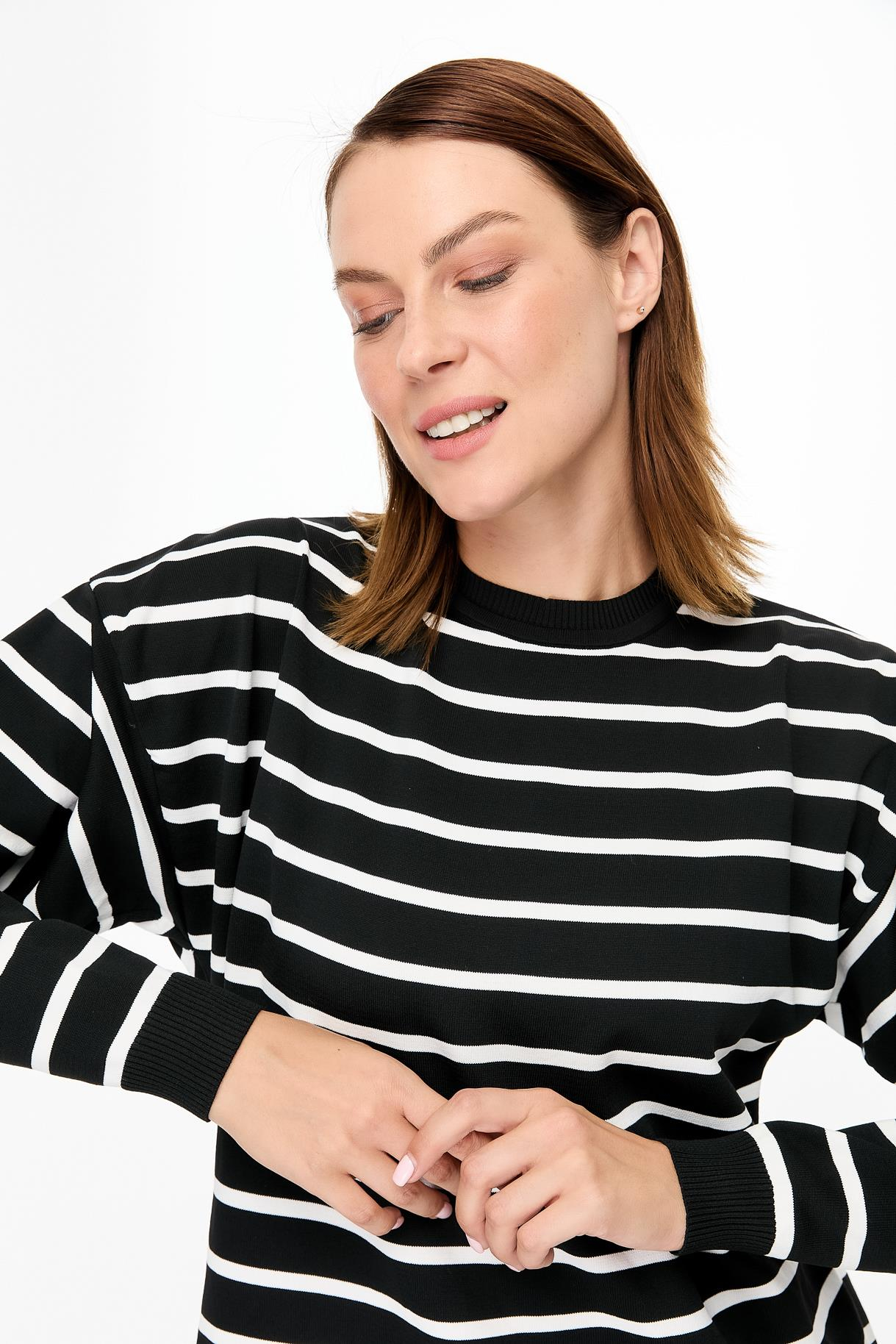 Çizgili Basic Triko Tunik - SİYAH