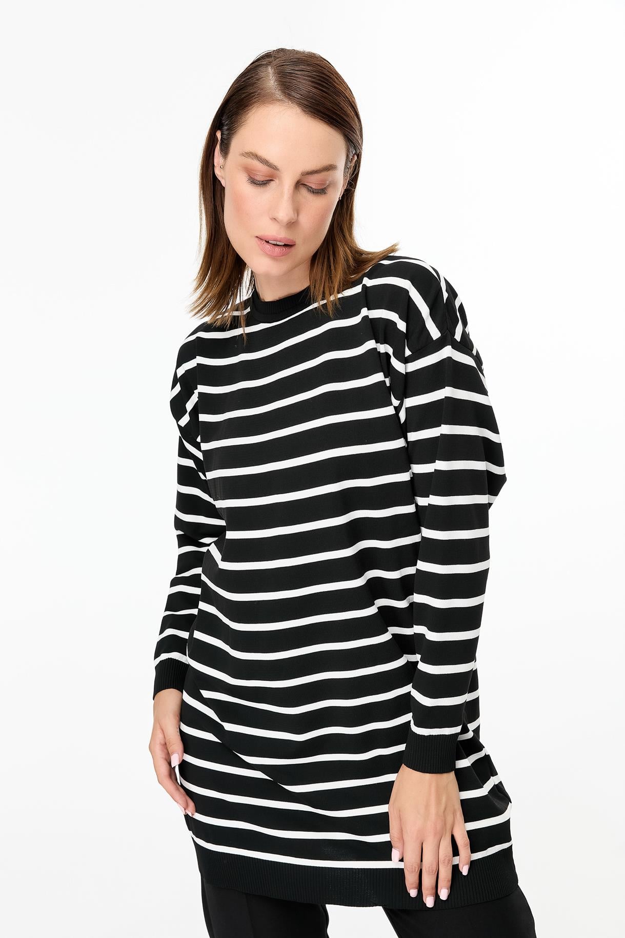 Çizgili Basic Triko Tunik - SİYAH