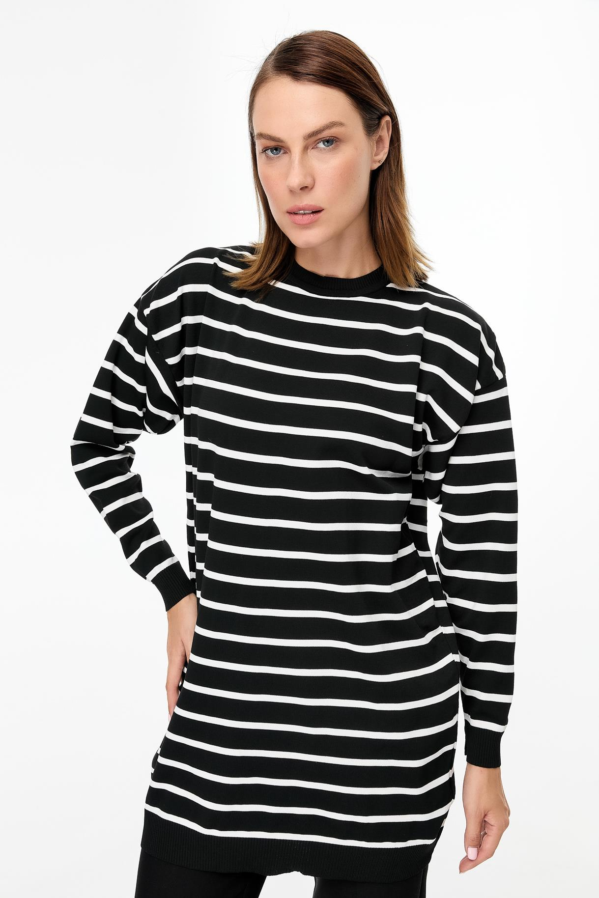 Çizgili Basic Triko Tunik - SİYAH