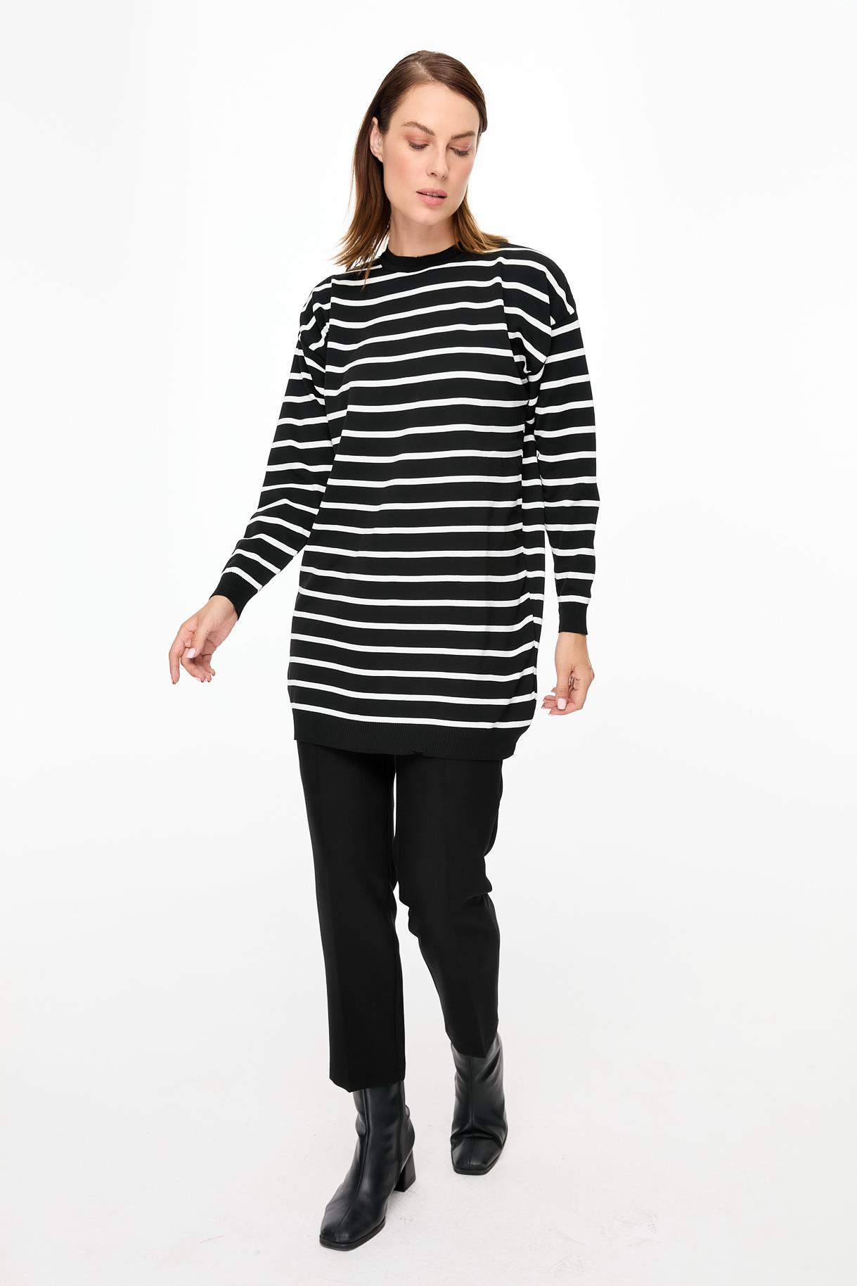 Çizgili Basic Triko Tunik - SİYAH