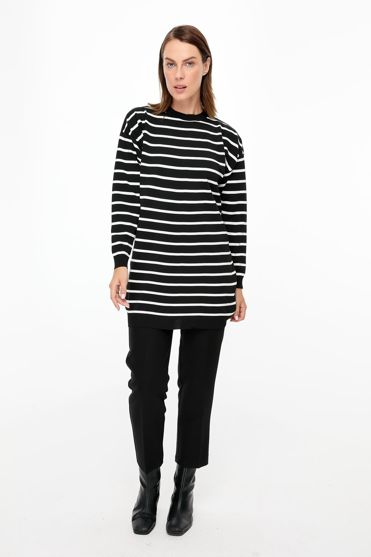 Çizgili Basic Triko Tunik - SİYAH