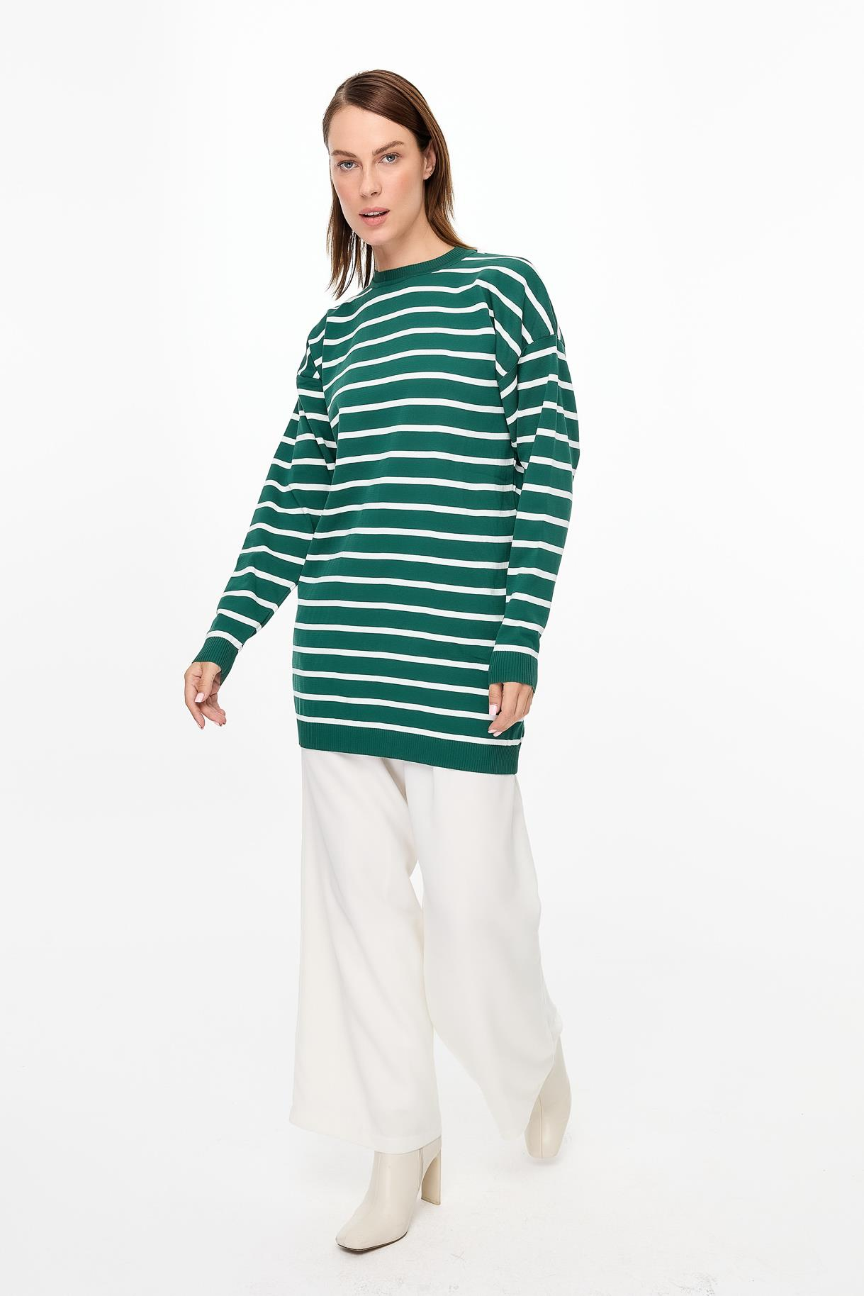 Çizgili Basic Triko Tunik - YEŞİL