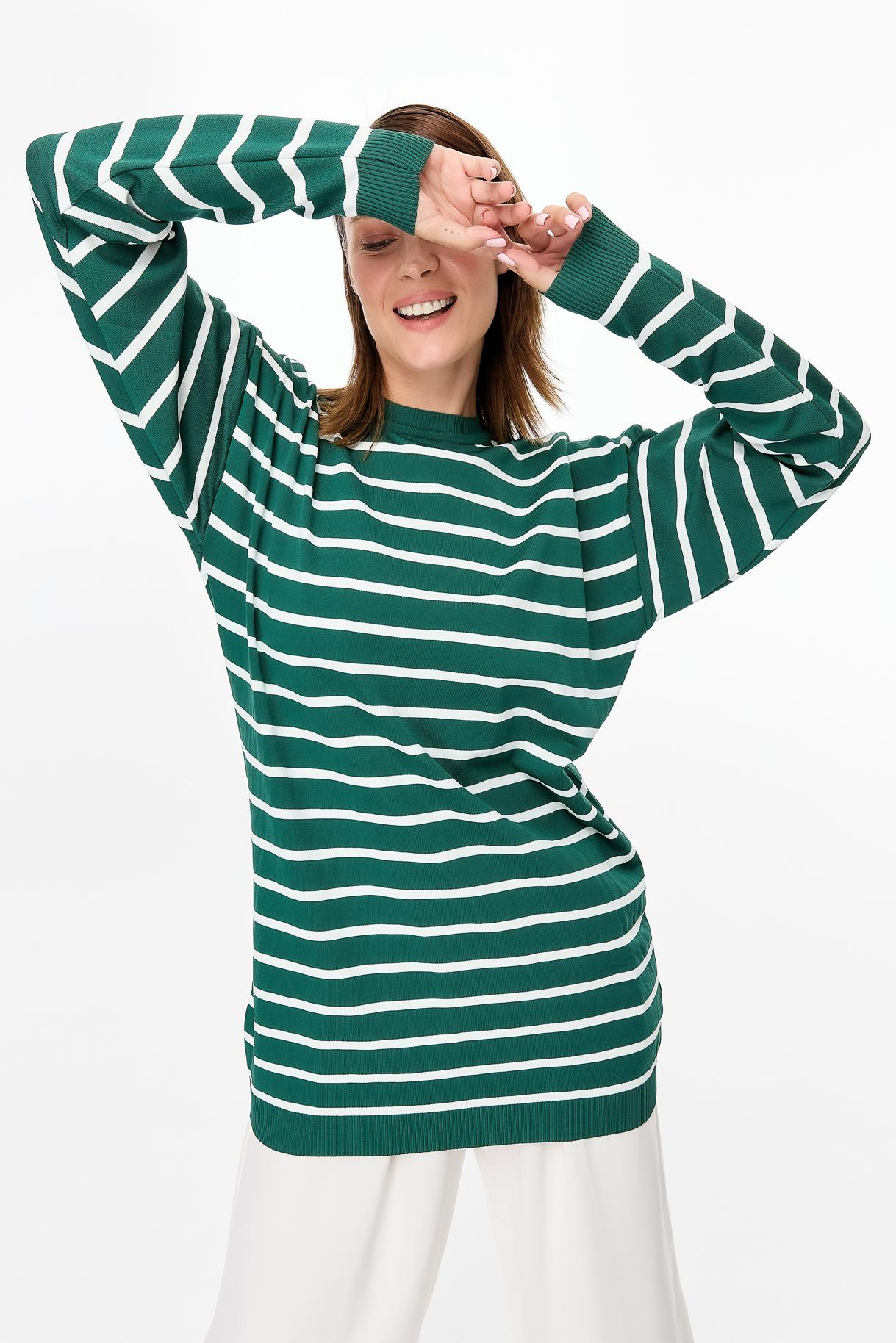 Çizgili Basic Triko Tunik - YEŞİL