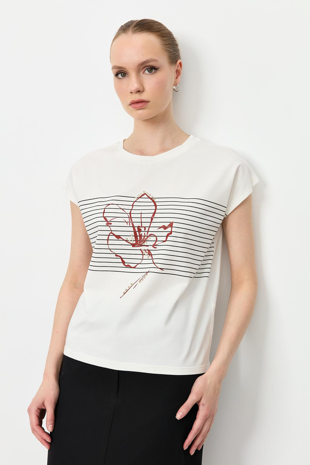 Çizgili Çiçek Desen Pamuklu Bluz-BORDO/SİYAH