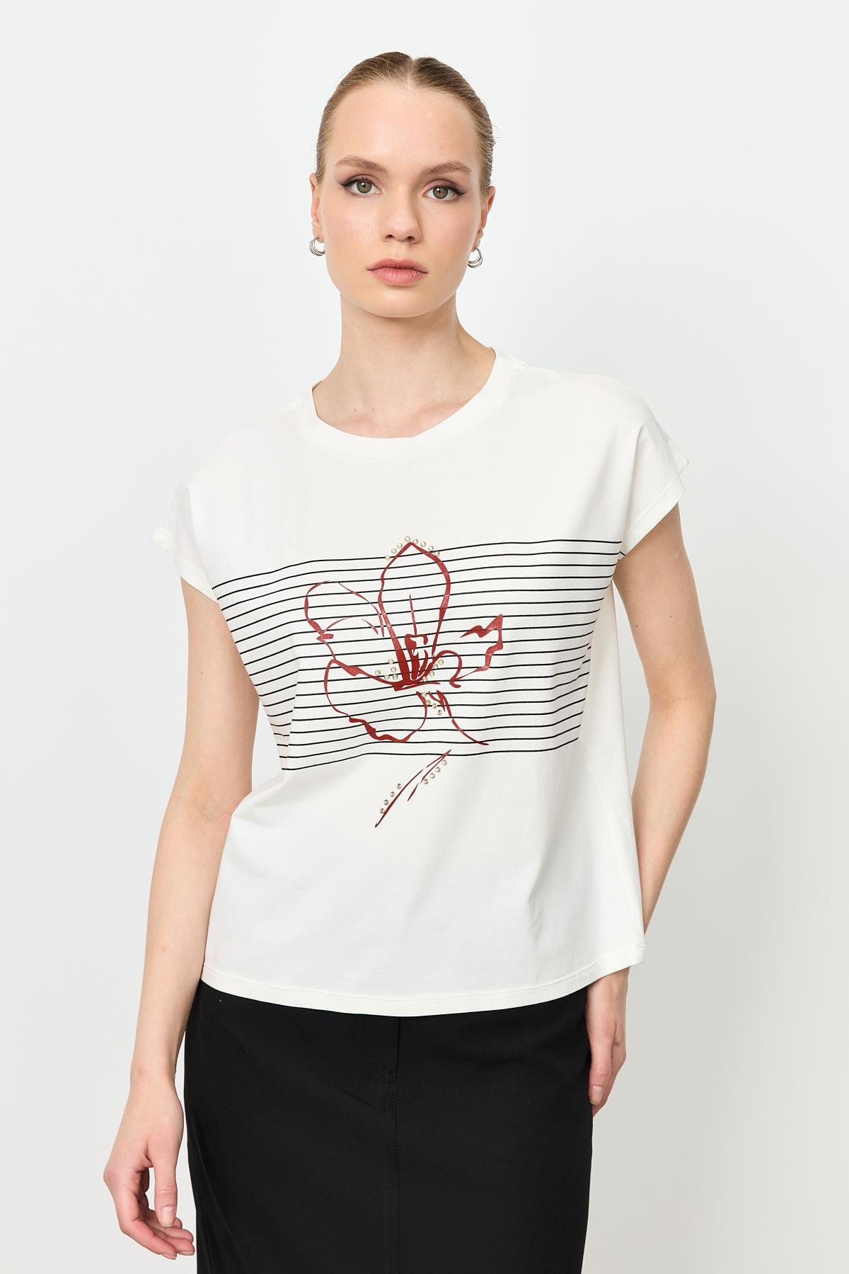 Çizgili Çiçek Desen Pamuklu Bluz-BORDO/SİYAH