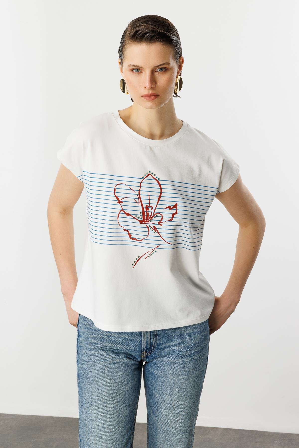 Çizgili Çiçek Desen Pamuklu Bluz-MAVİ