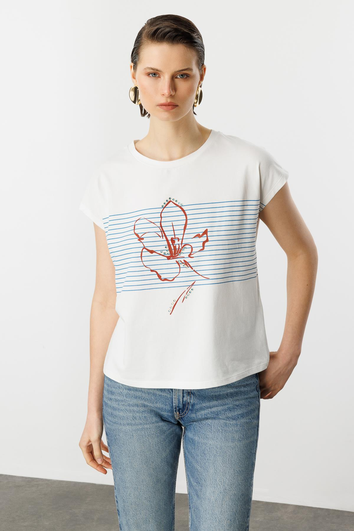 Çizgili Çiçek Desen Pamuklu Bluz-MAVİ