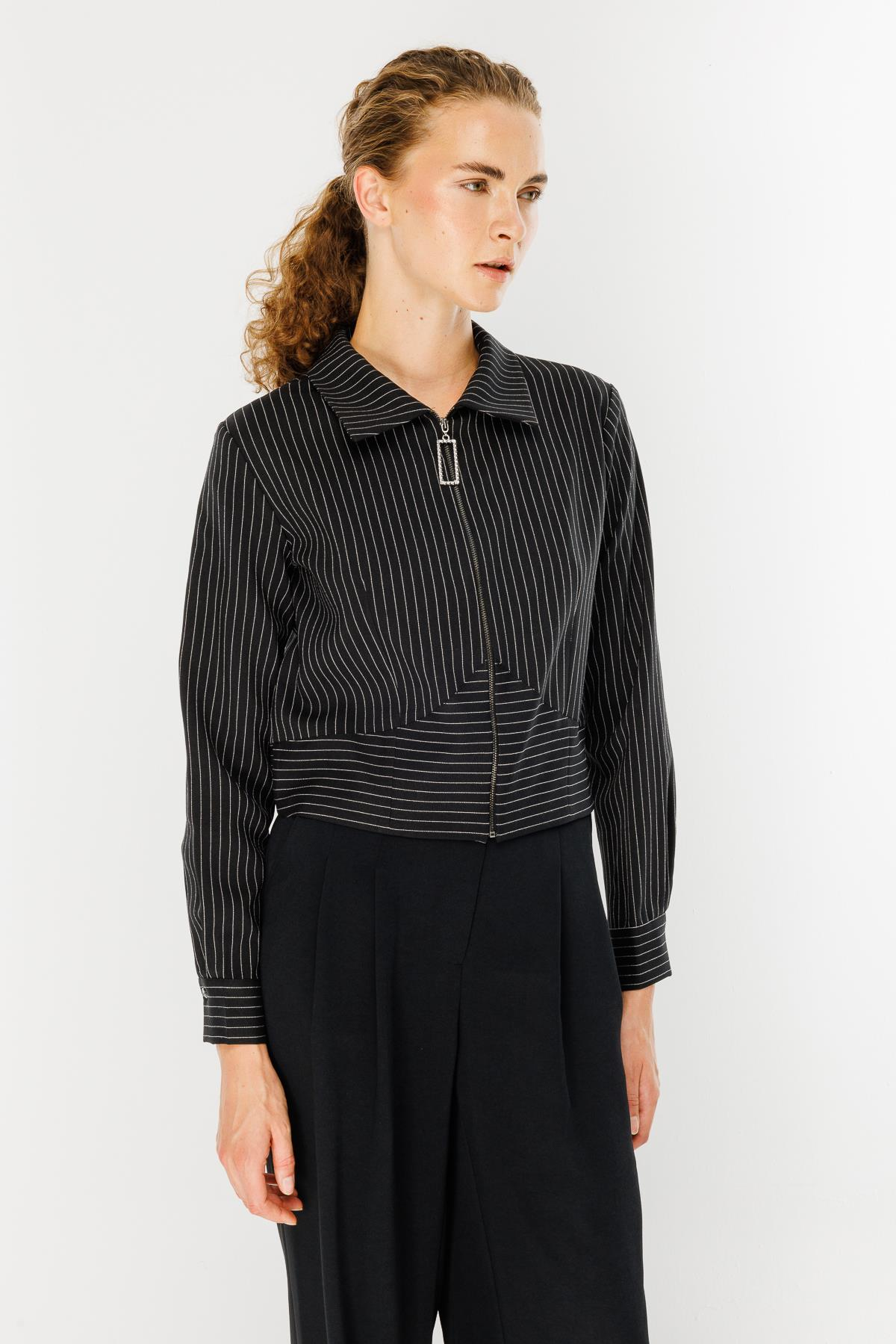 Çizgili Fermuarlı Kısa Bluz - SİYAH