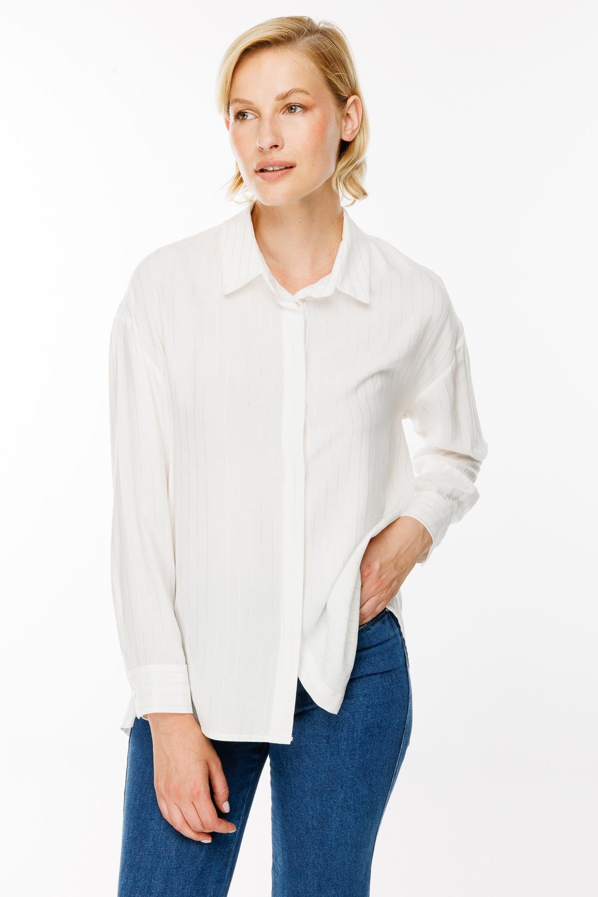 Çizgili Ve Sim Detaylı Gömlek - KEMIK