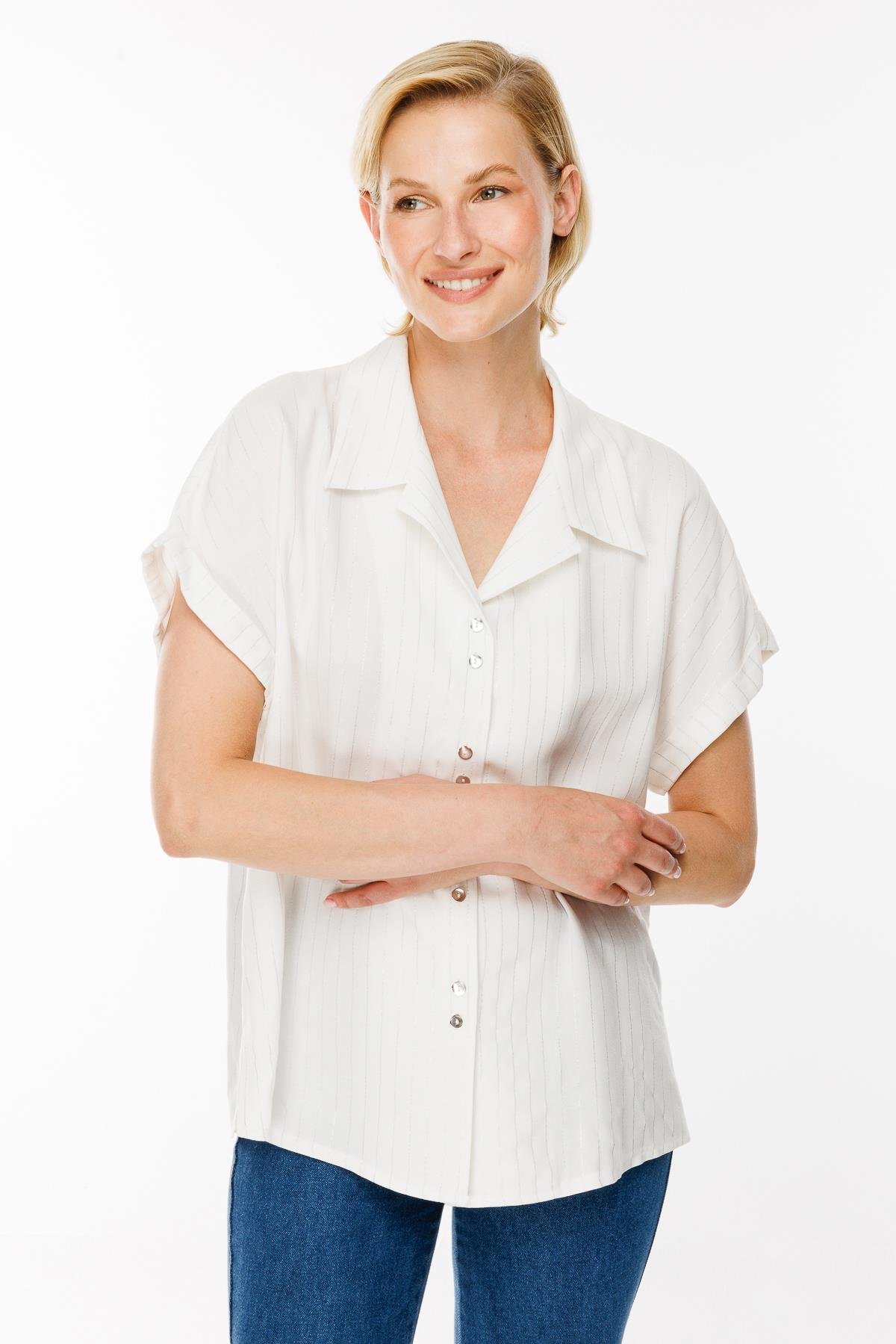 Çizgili ve Sim Detaylı Kısa Kollu Gömlek - KEMIK