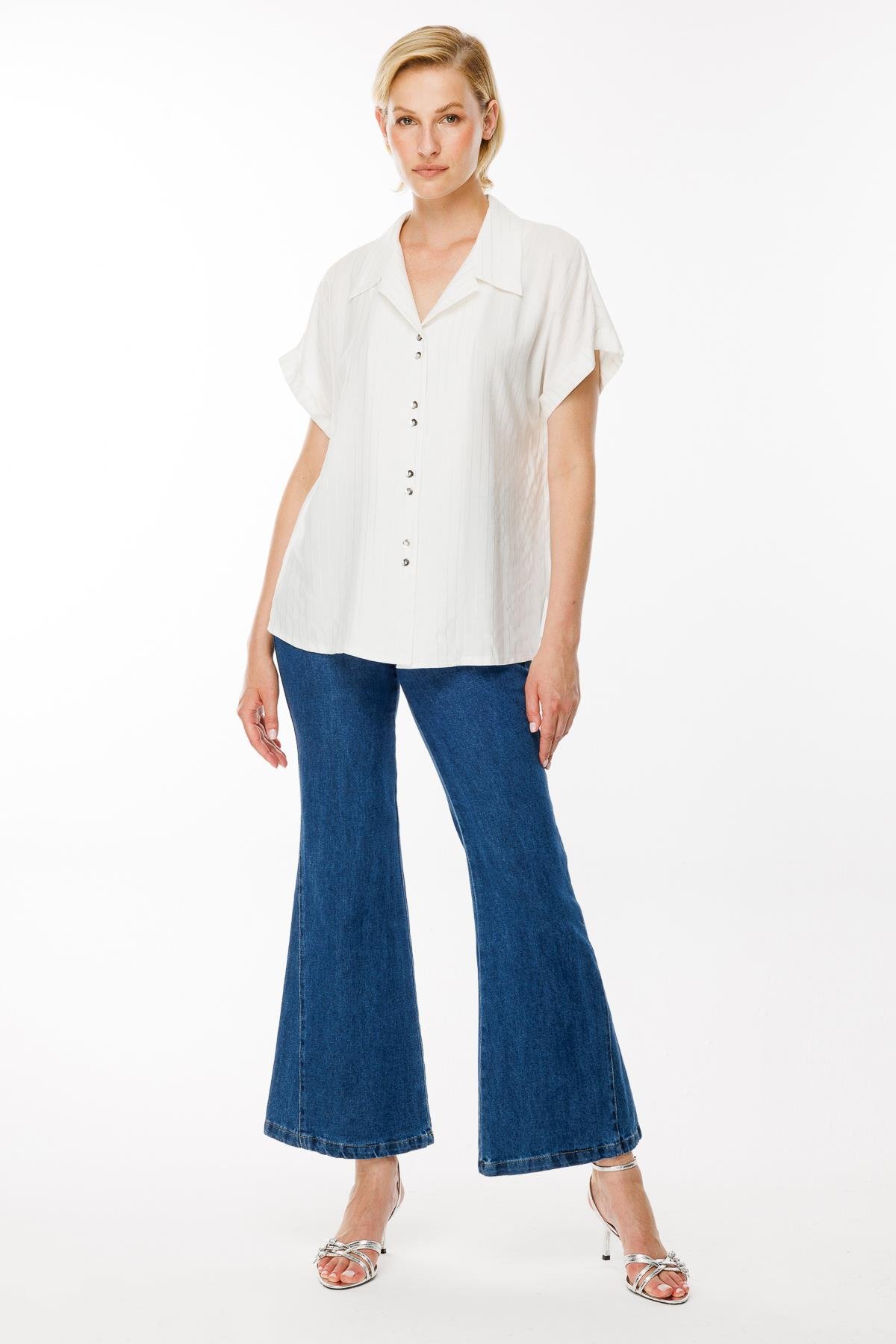 Çizgili ve Sim Detaylı Kısa Kollu Gömlek - KEMIK