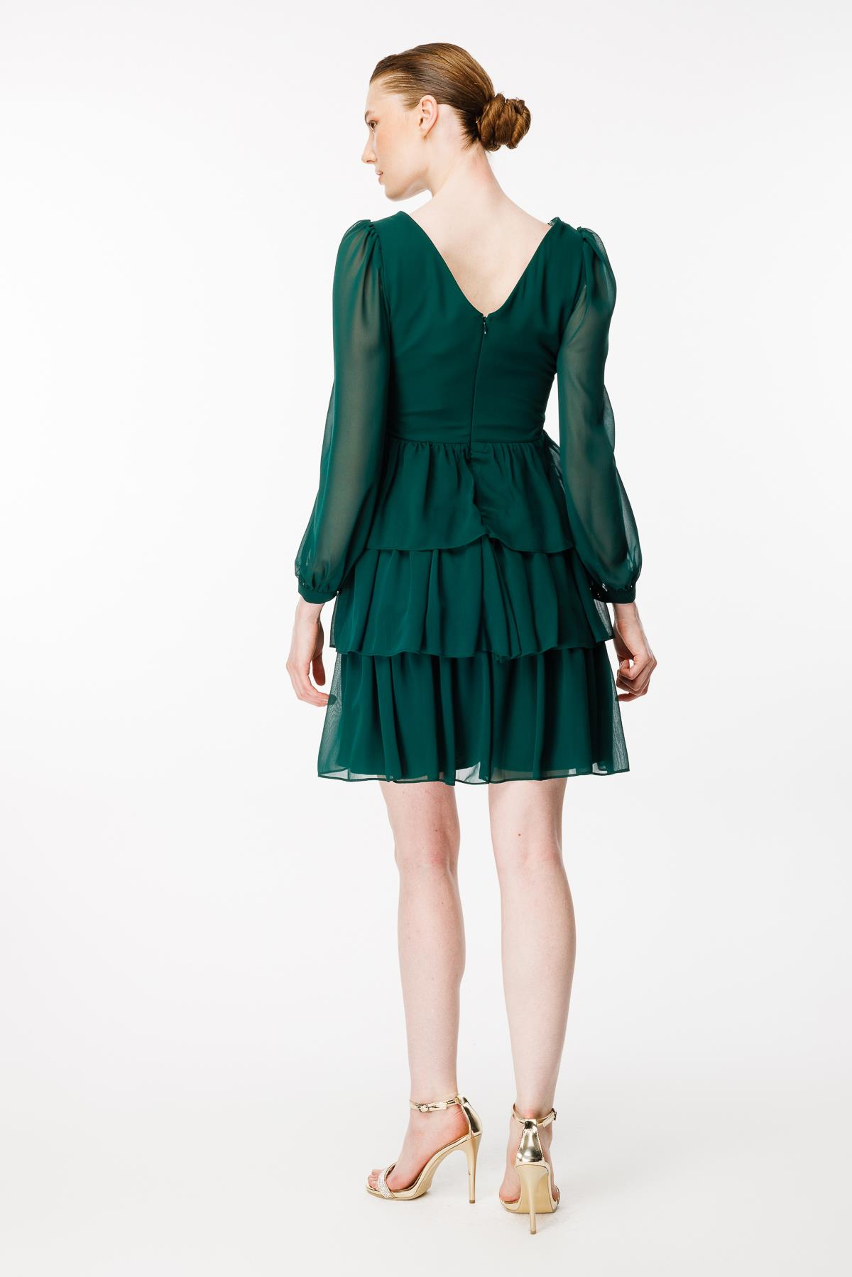 Cut Out Detaylı Kat Kat Kısa Abiye Elbise - YEŞİL