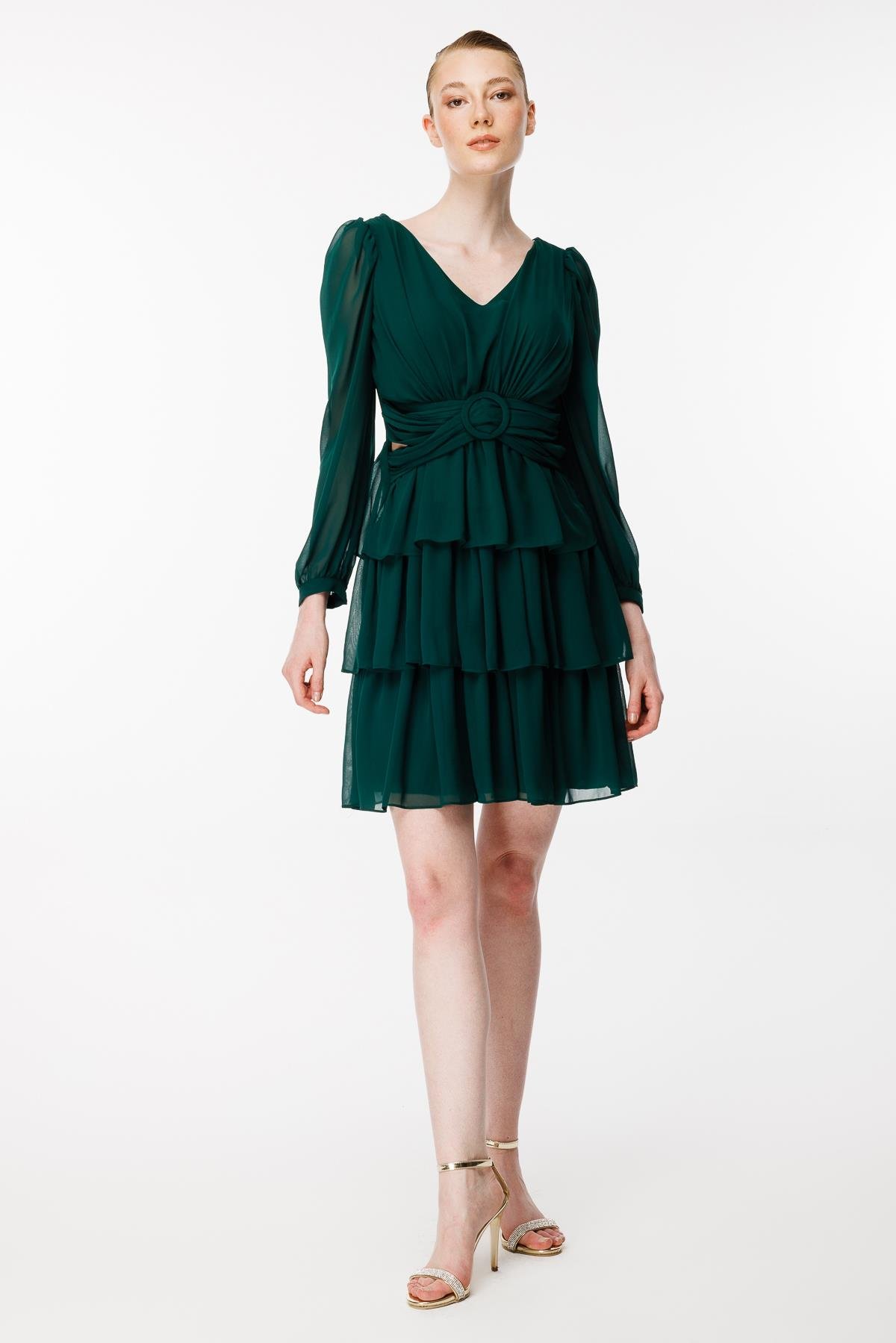 Cut Out Detaylı Kat Kat Kısa Abiye Elbise - YEŞİL