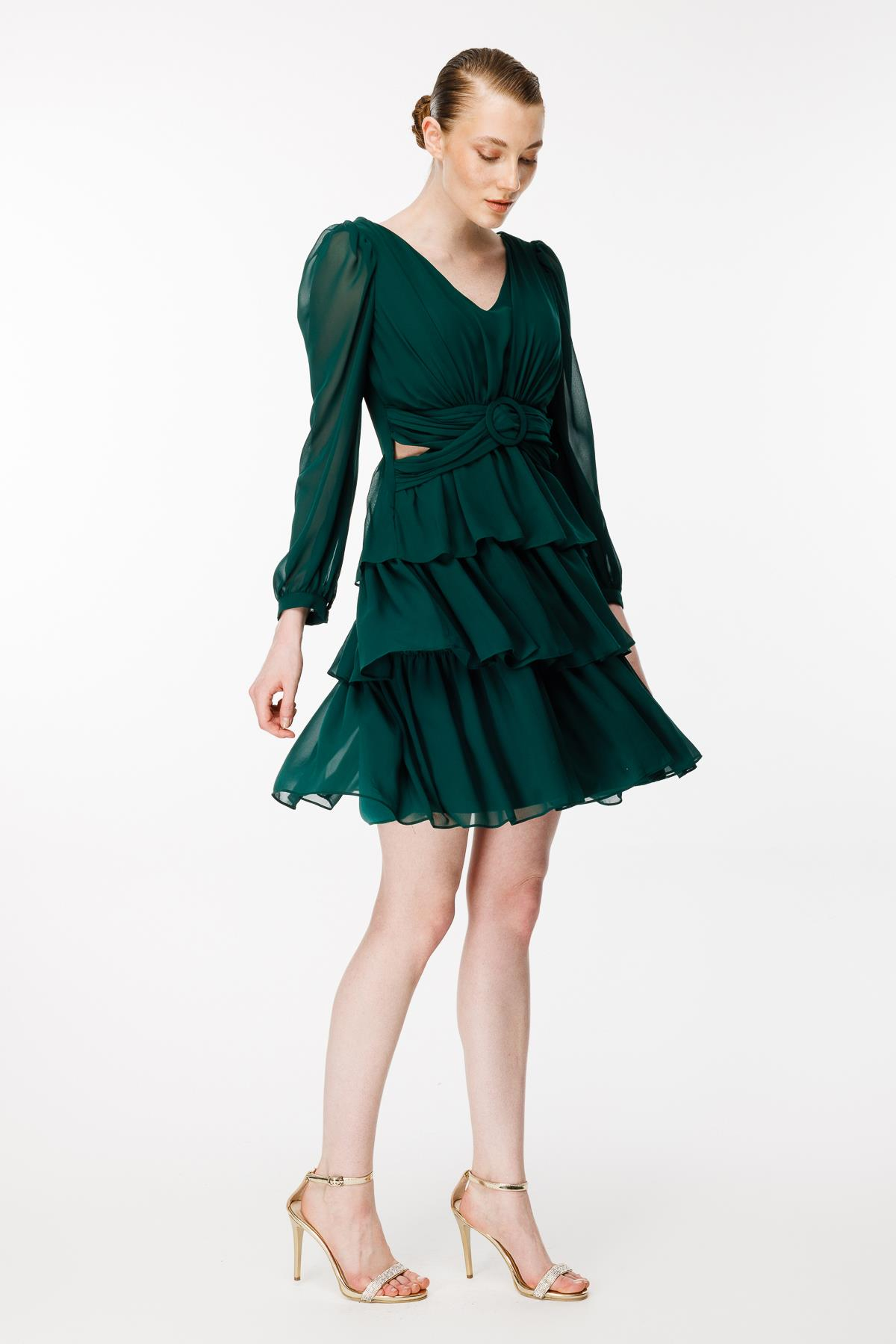 Cut Out Detaylı Kat Kat Kısa Abiye Elbise - YEŞİL