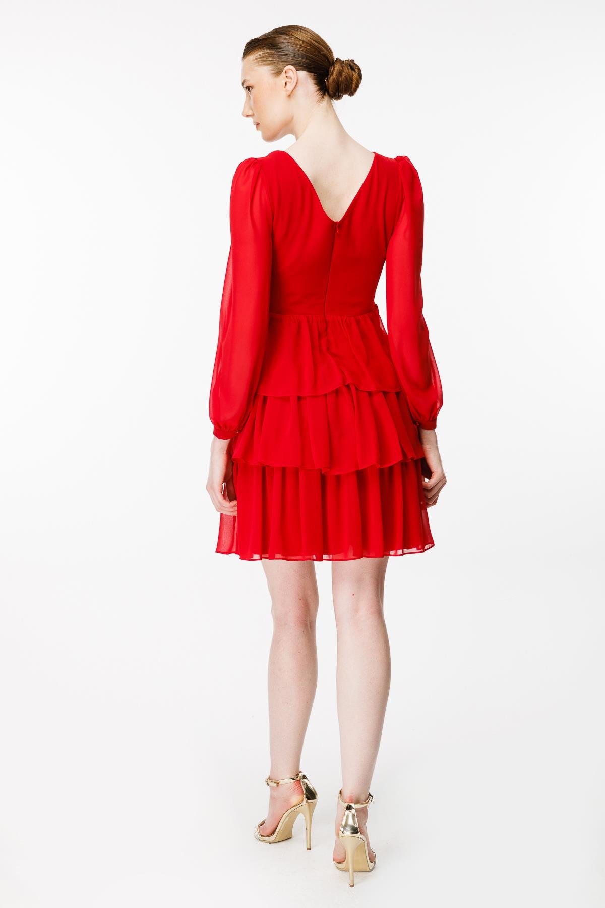 Cut Out Detaylı Kat Kat Kısa Abiye Elbise - KIRMIZI