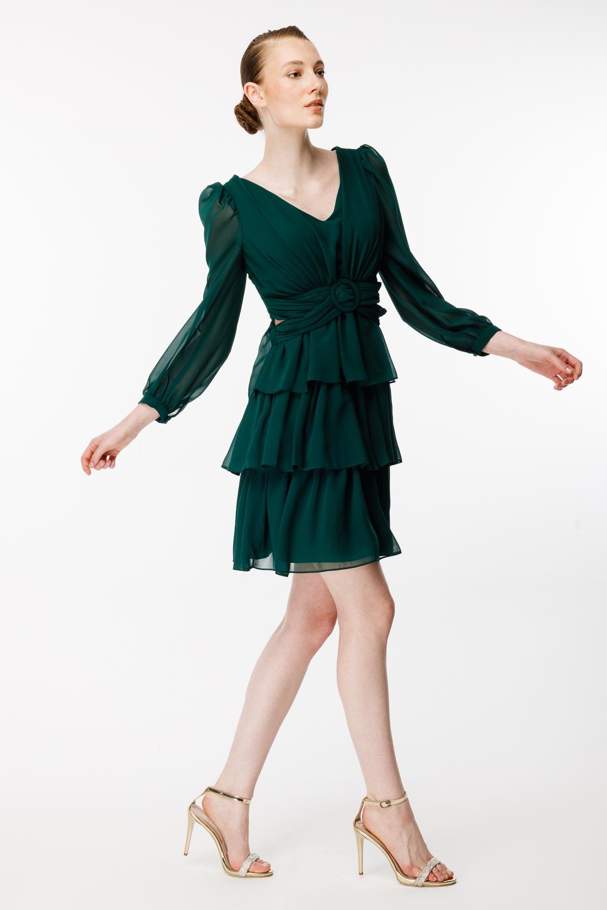 Cut Out Detaylı Kat Kat Kısa Abiye Elbise - YEŞİL