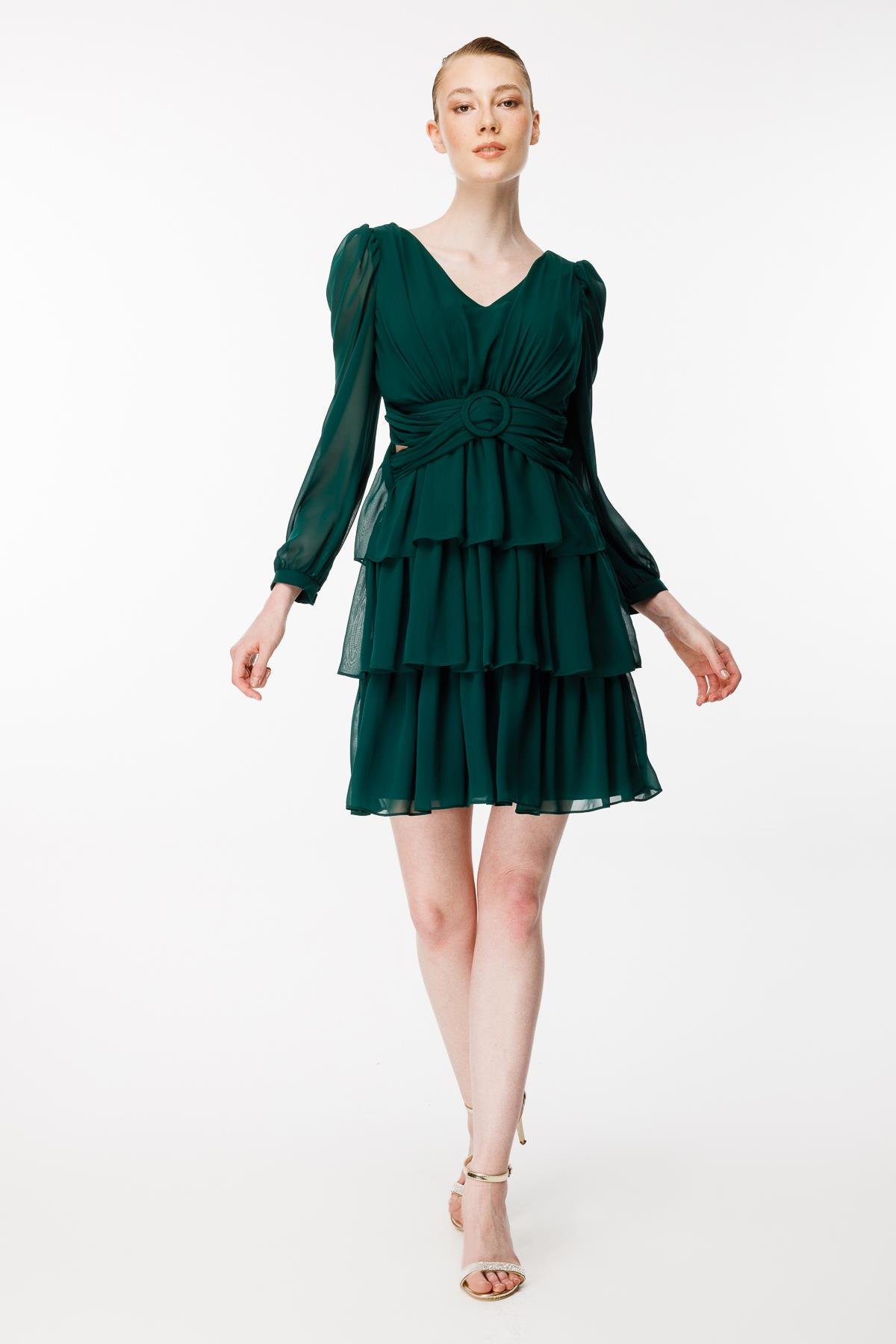 Cut Out Detaylı Kat Kat Kısa Abiye Elbise - YEŞİL