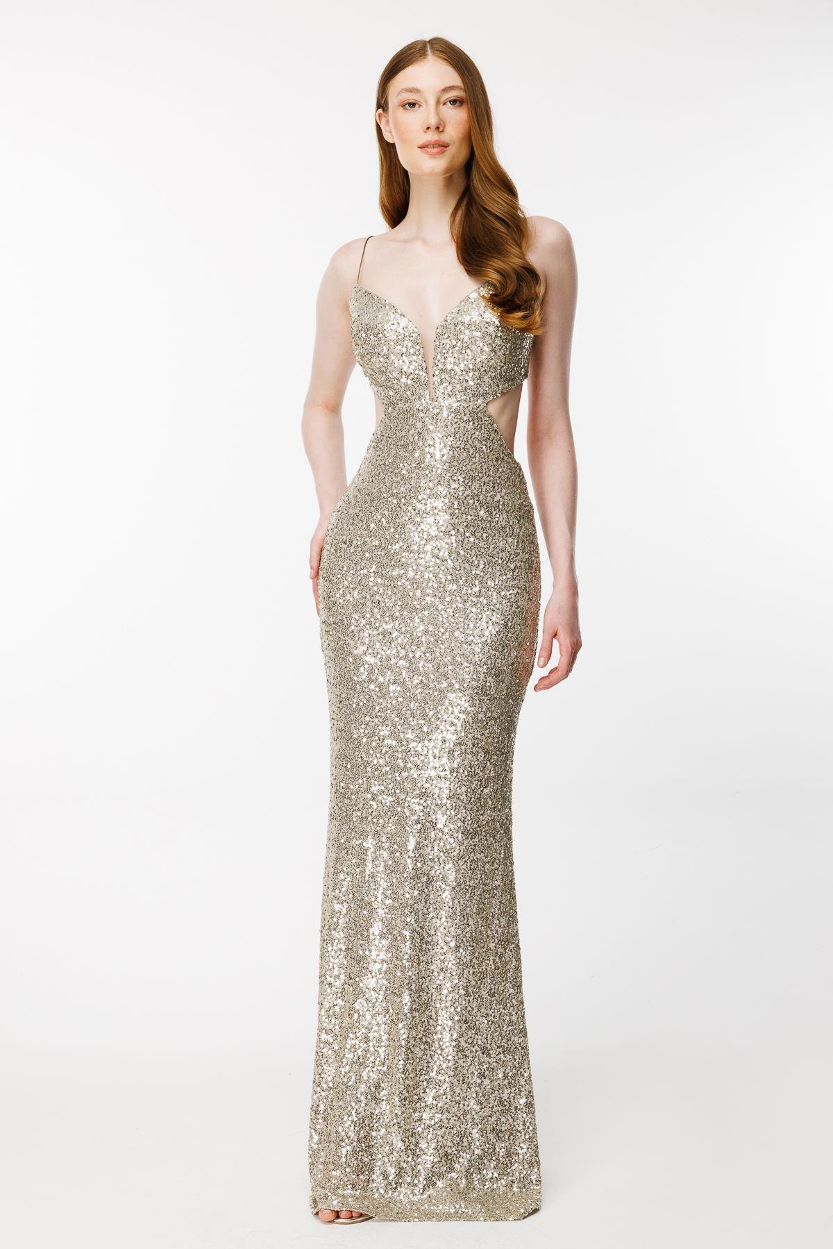 Cut Out Detaylı Payet Abiye - GOLD