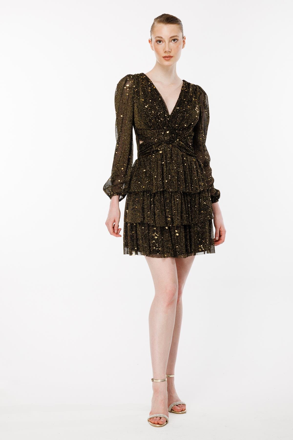 Cut Out Detaylı Renk Geçişli Arkası İpli Abiye Elbise - SİYAH