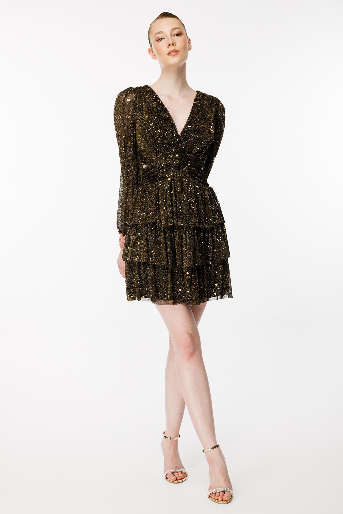 Cut Out Detaylı Renk Geçişli Arkası İpli Abiye Elbise - SİYAH