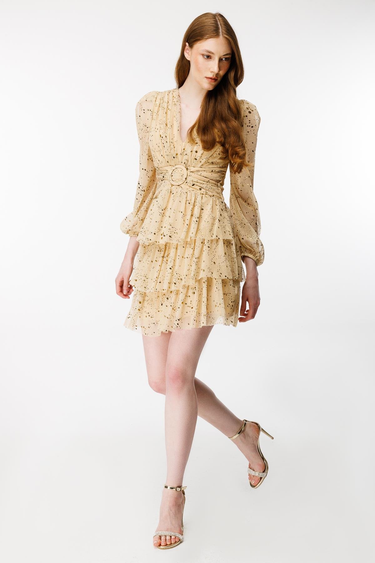 Cut Out Detaylı Renk Geçişli Arkası İpli Abiye Elbise - GOLD