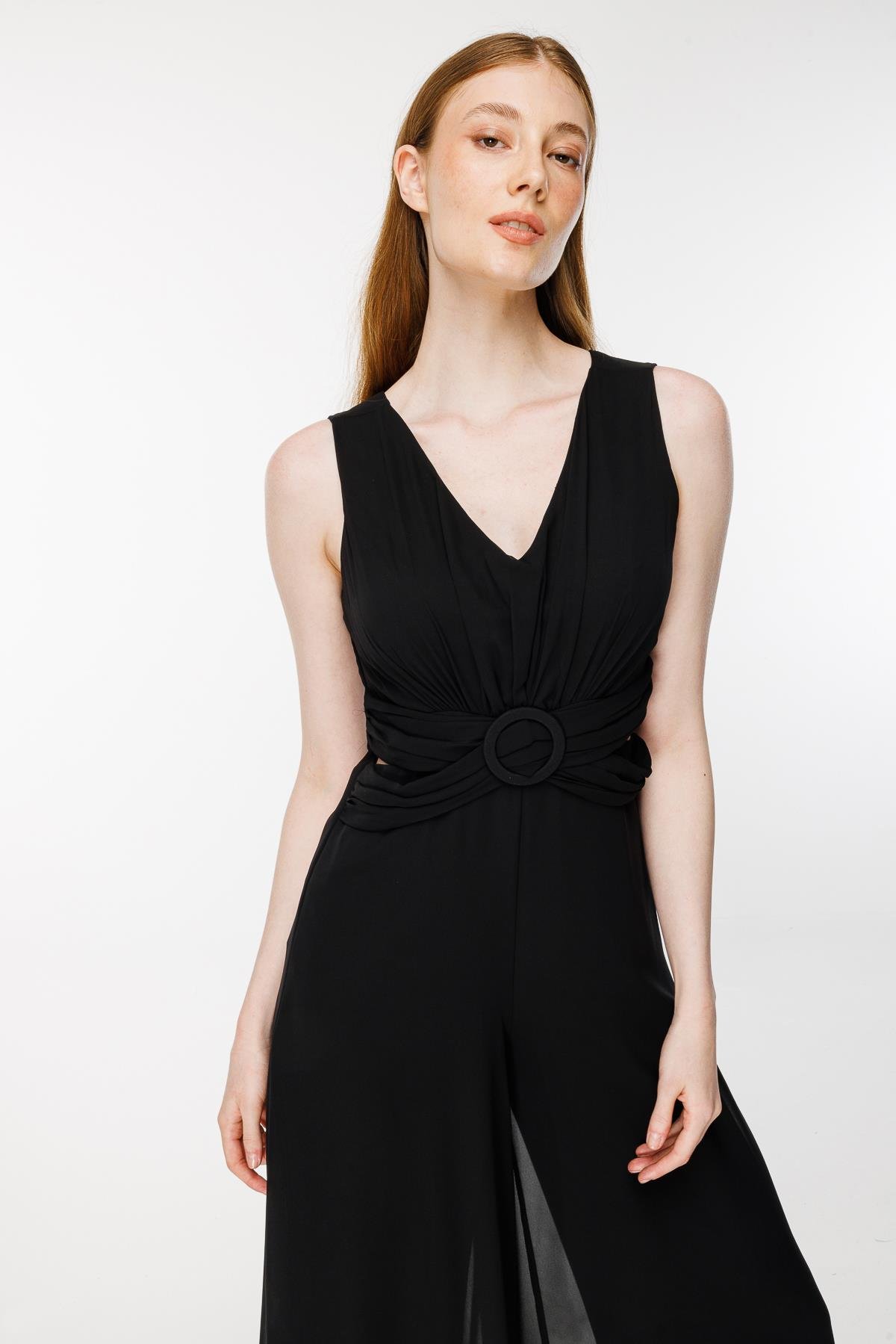 Cut Out Detaylı Tül Tulum - SİYAH