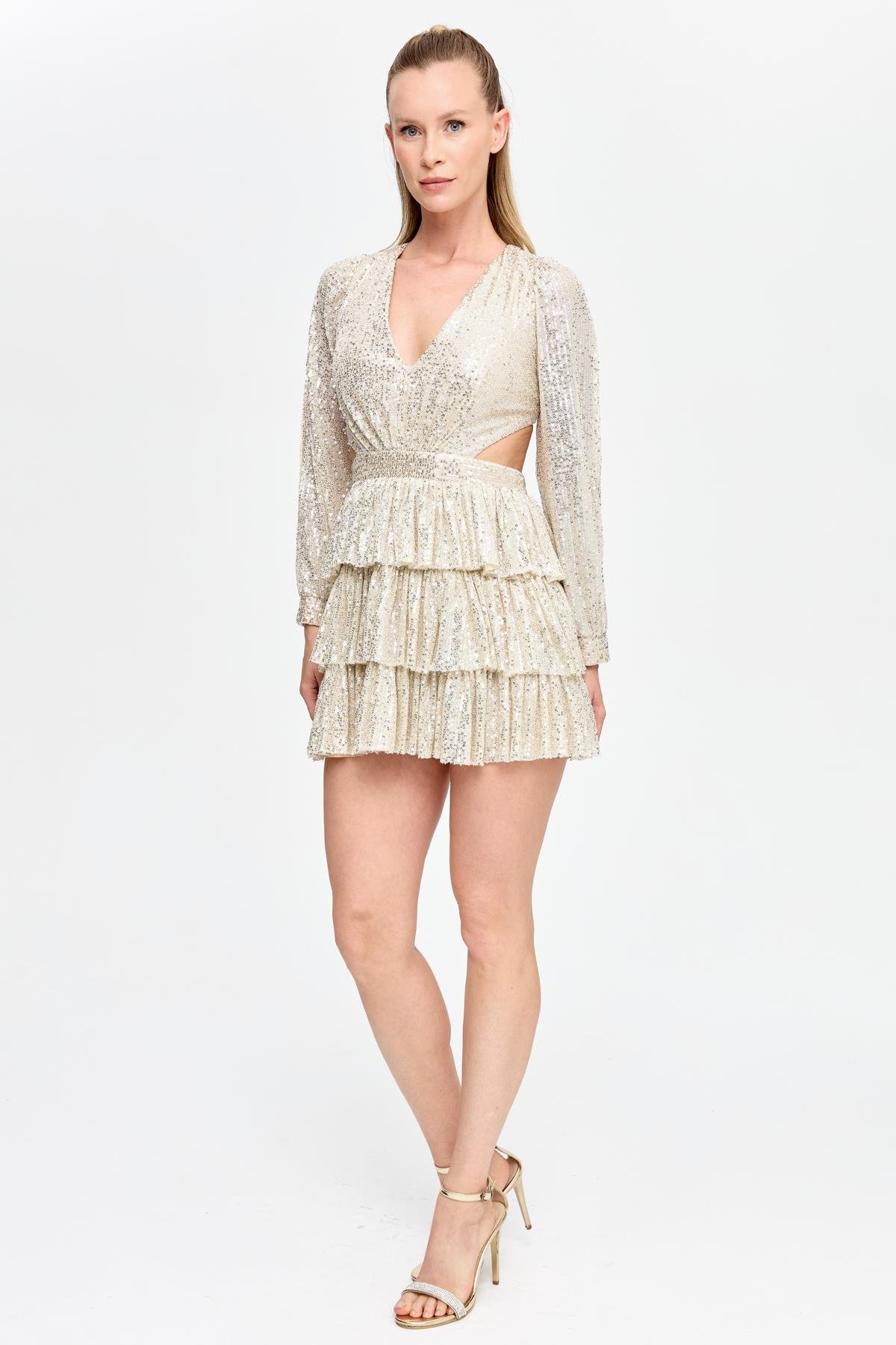 Cut Out ve Sırt Dekolteli Kısa Abiye - GOLD