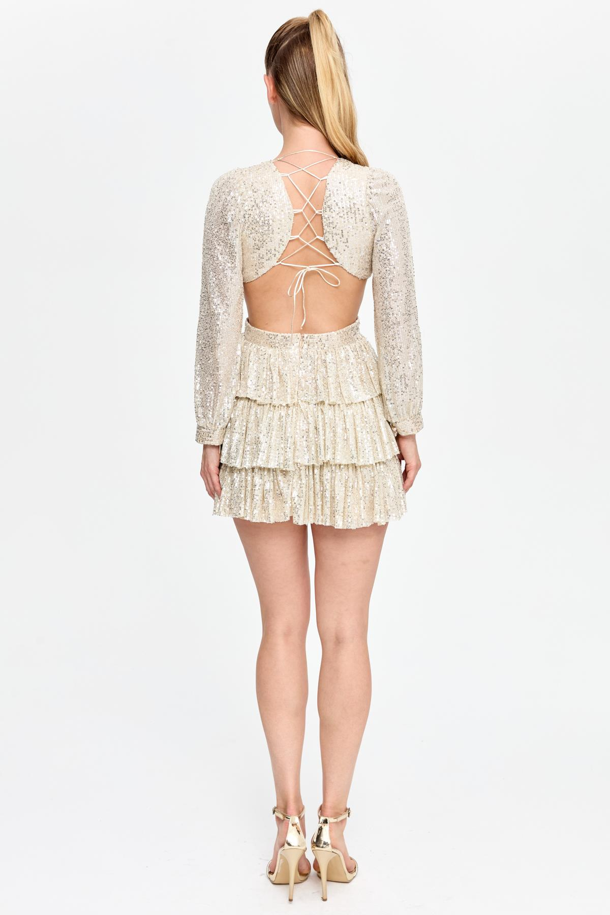 Cut Out ve Sırt Dekolteli Kısa Abiye - GOLD