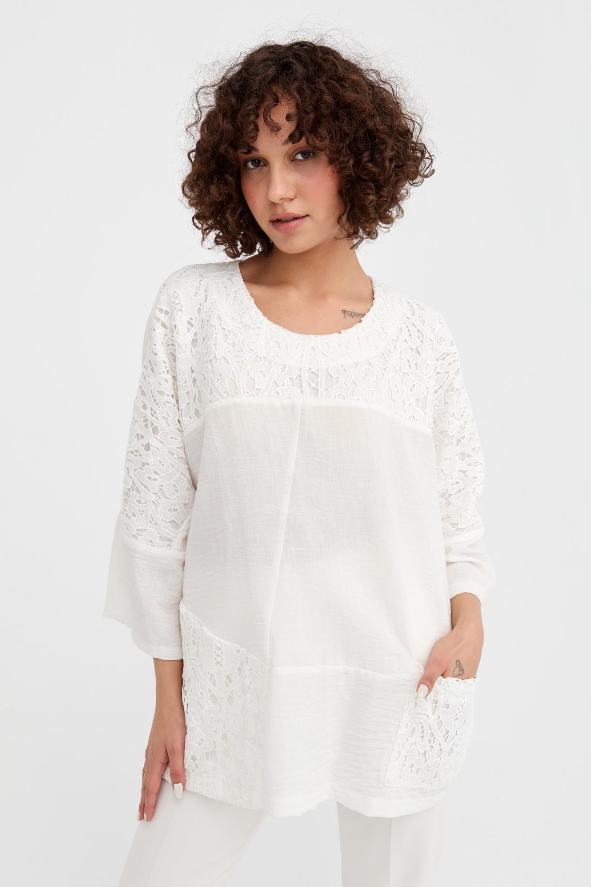 Dantel Detaylı Oversize Keten Bluz - BEYAZ