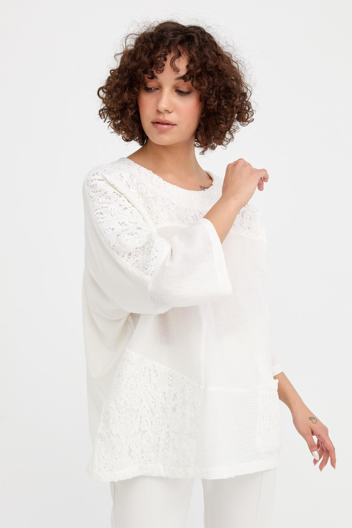 Dantel Detaylı Oversize Keten Bluz - BEYAZ