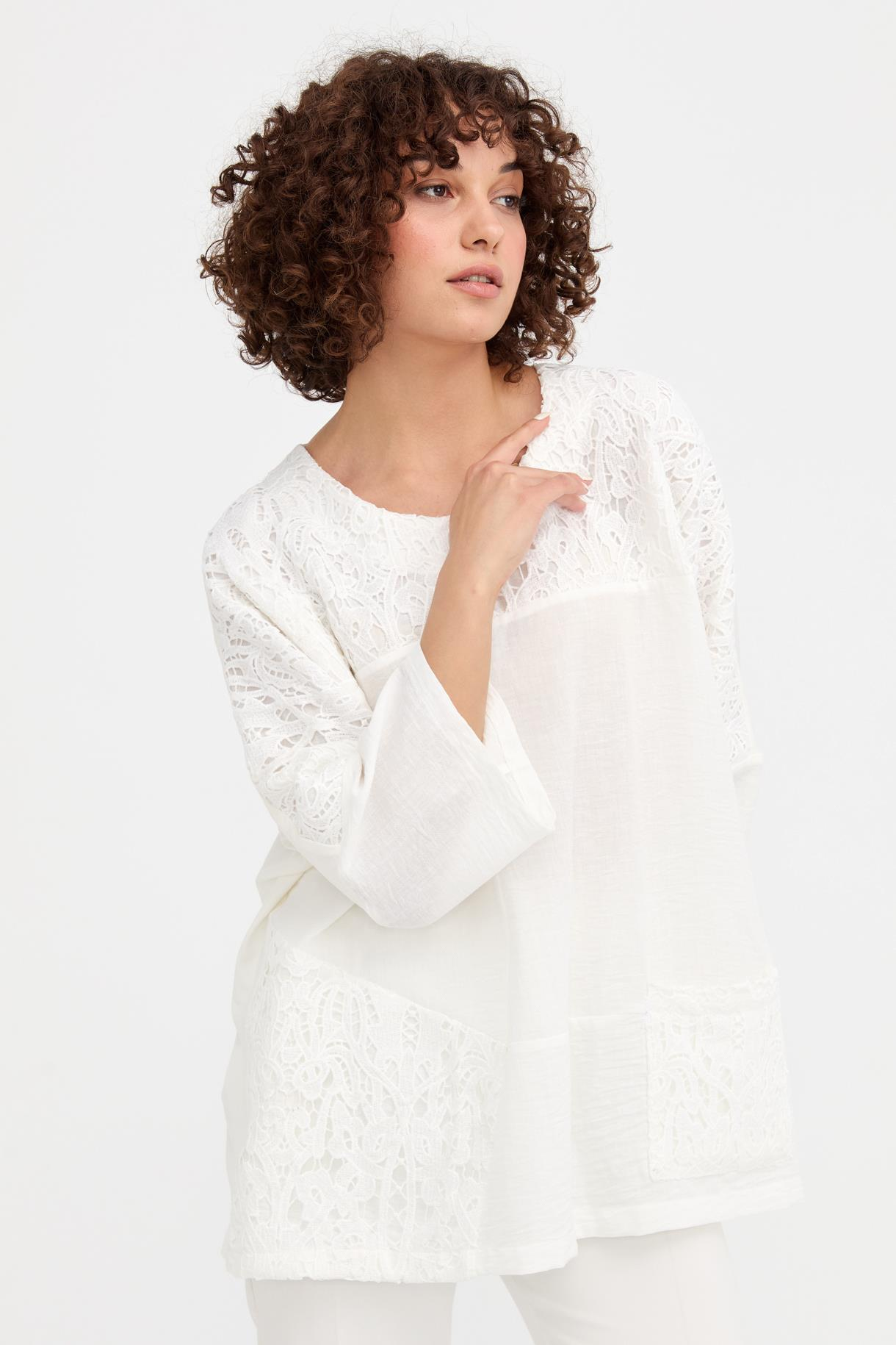Dantel Detaylı Oversize Keten Bluz - BEYAZ