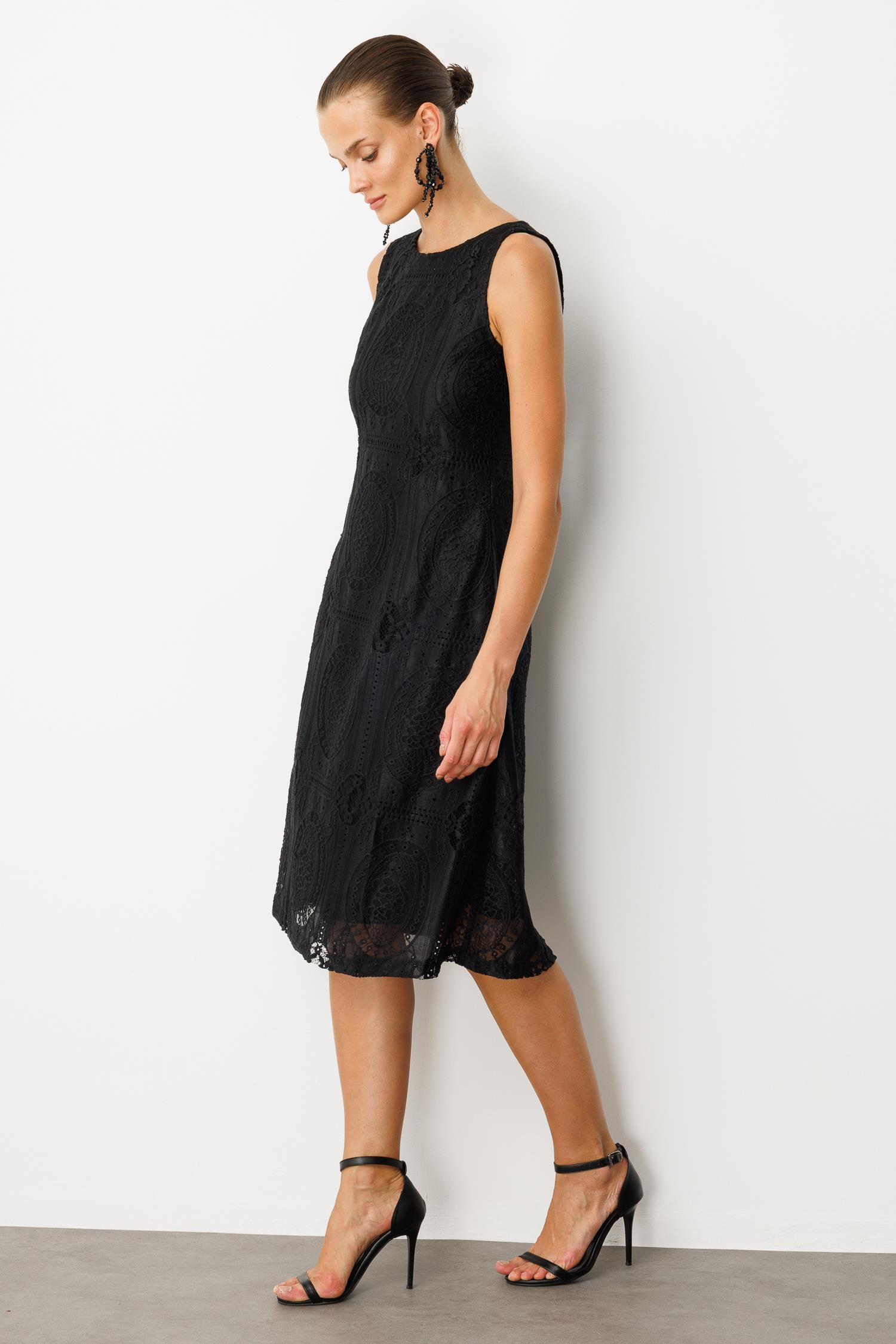 Dantel Görünümlü Uzun Elbise-SİYAH