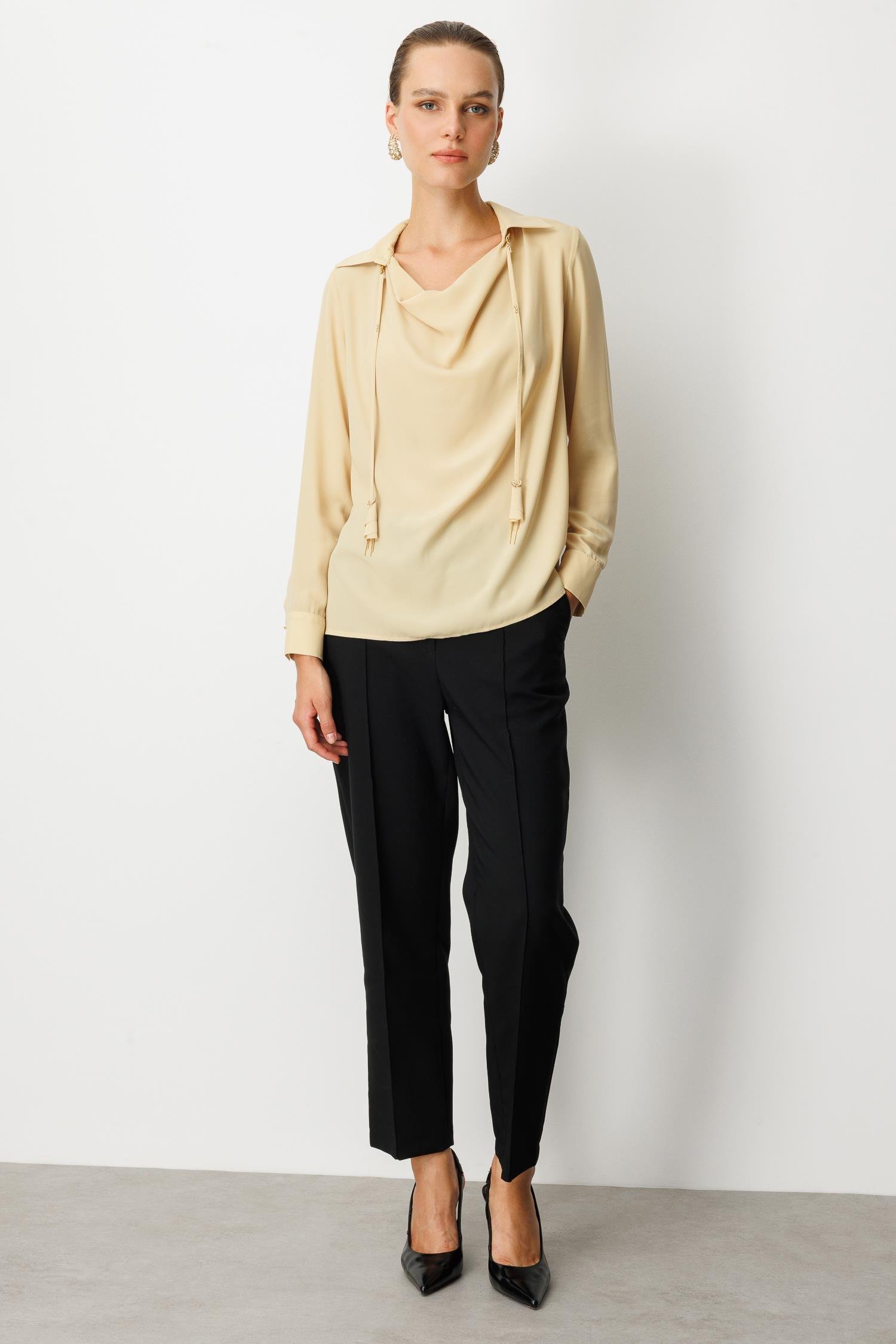 Degaje Yaka Bağlama Detaylı Gömlek-SARI