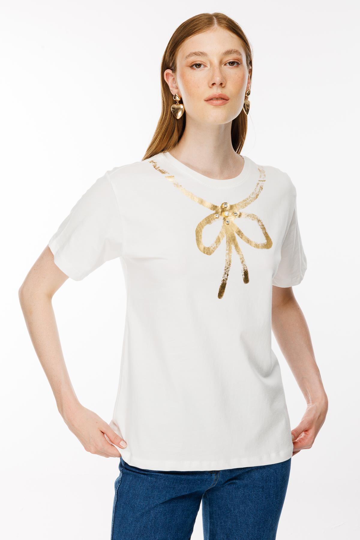 Desen Baskılı Tişört - EKRU