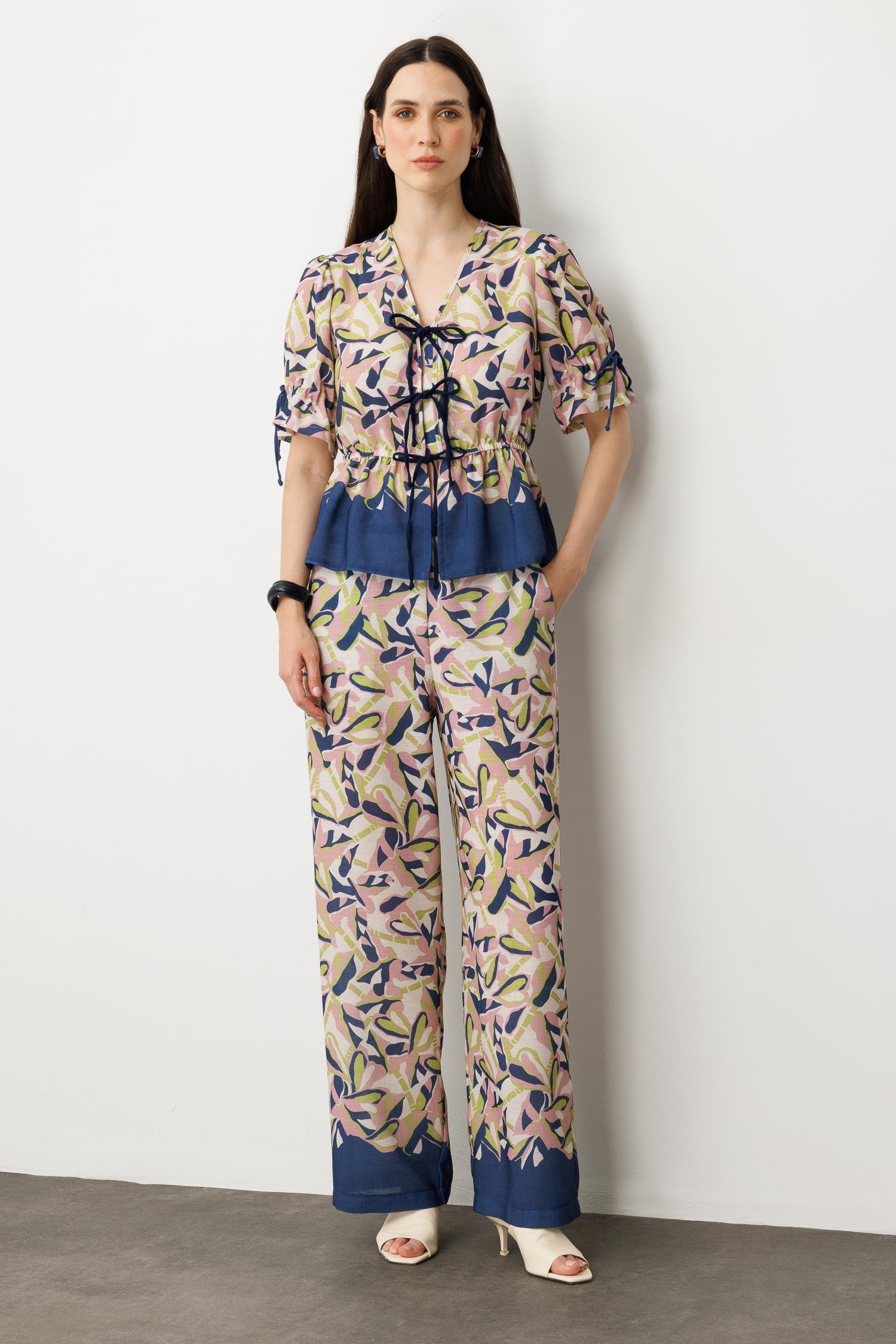 Desenli Bol Paça Pantolon-LACI