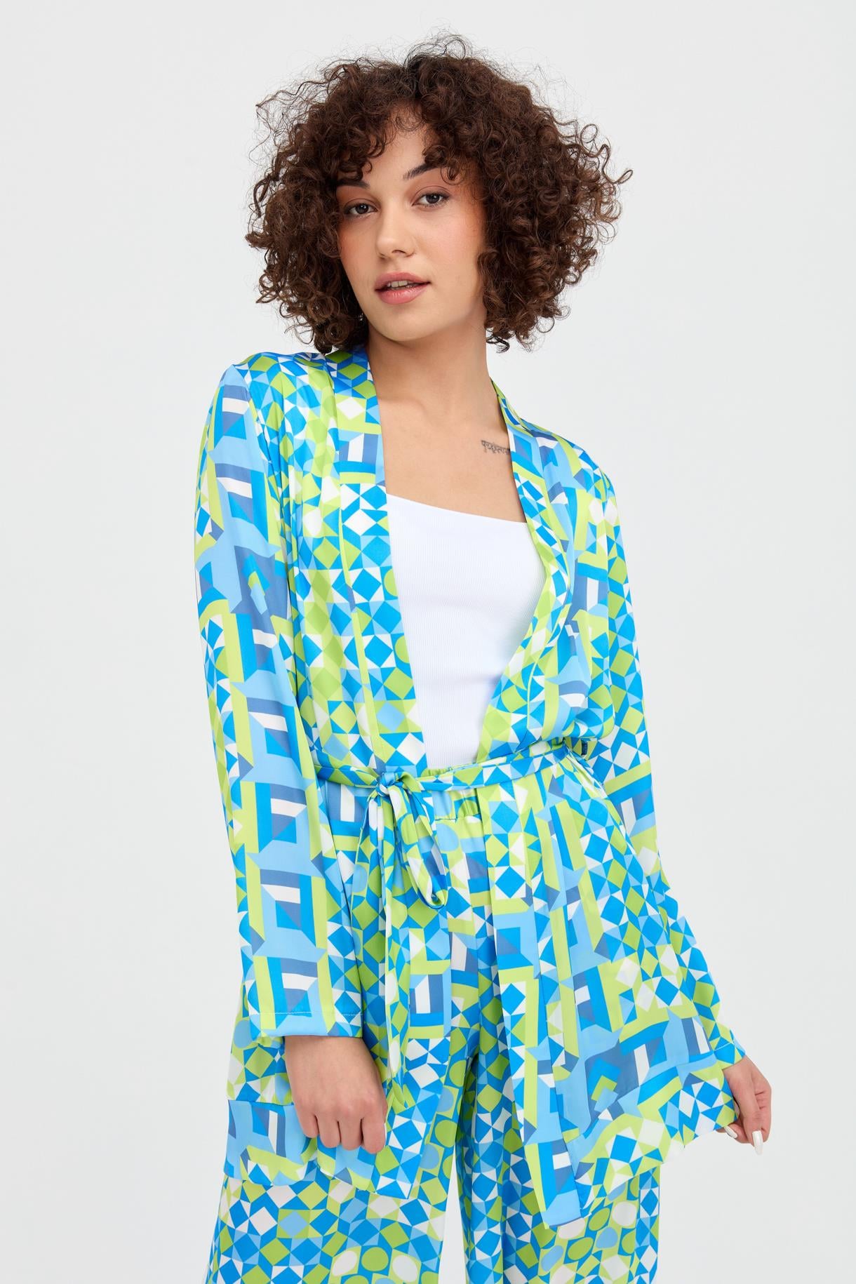 Desenli Kuşaklı Mini Saten Kimono - MAVİ