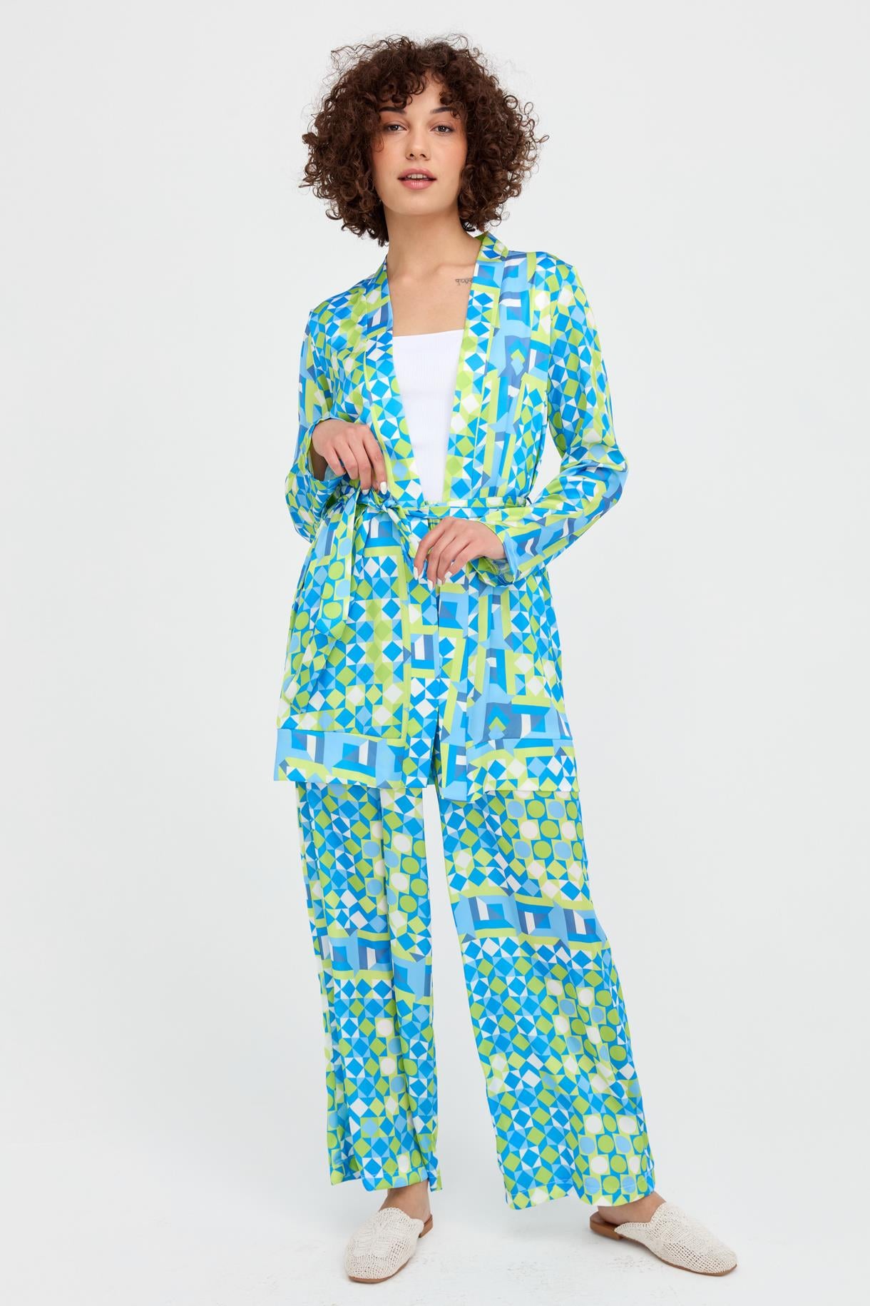 Desenli Kuşaklı Mini Saten Kimono - MAVİ