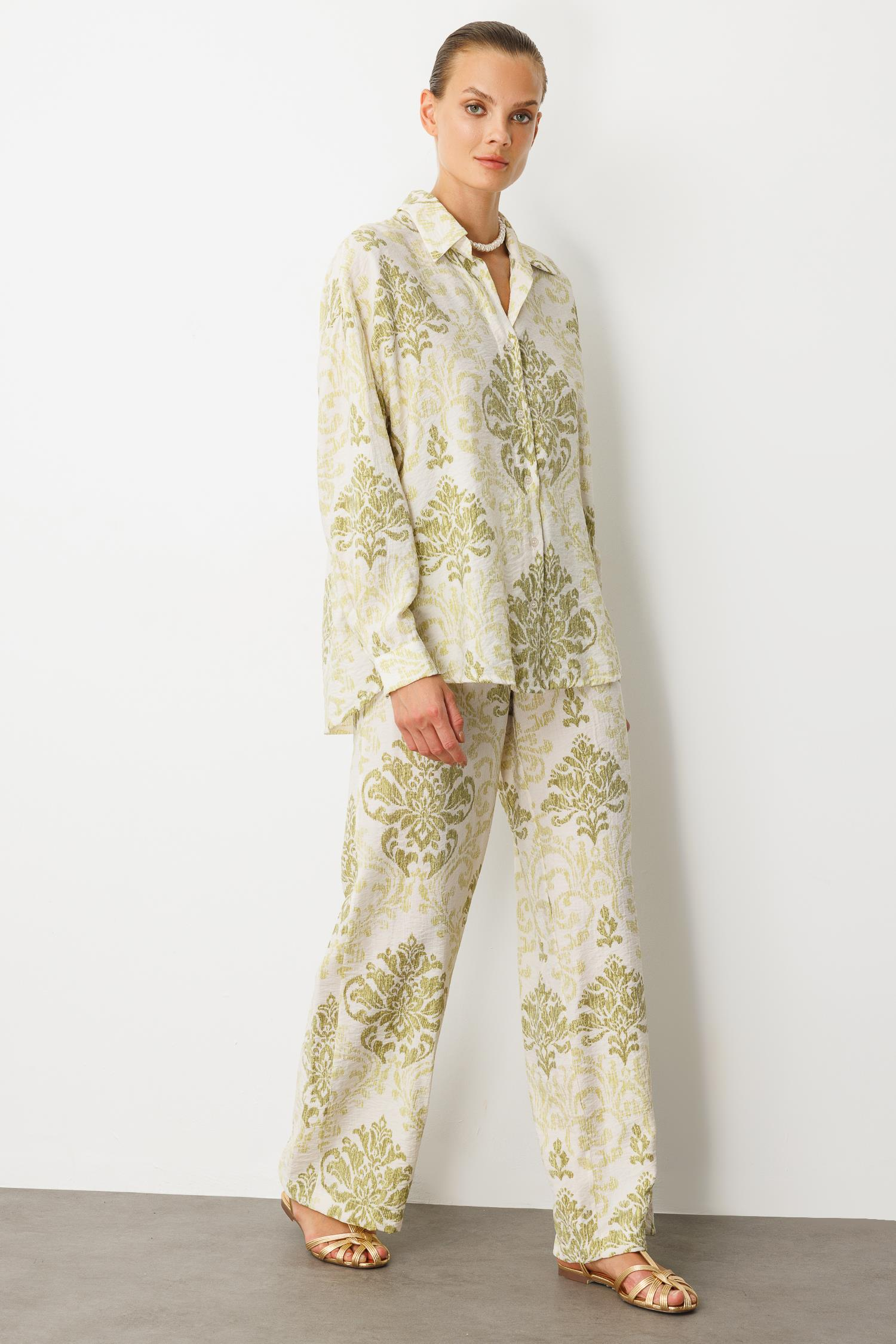 Desenli Oversize Gömlek-YEŞİL